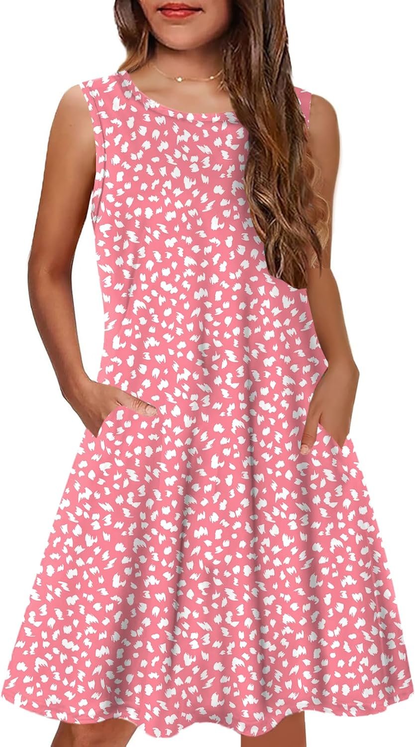 YOVION Girls Floral Dress Summer Boho Sleeveless A-Line Casual Beach Sundress with Pockets for 6-12 Y