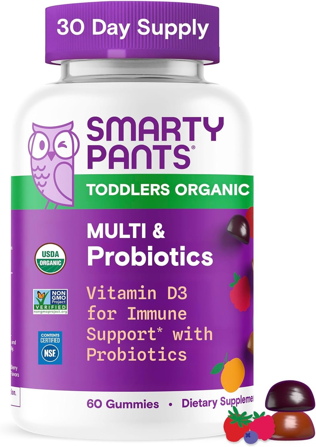 SmartyPants Organic Toddler Multivitamin Gummies: Probiotics, Omega 3 (ALA), Vitamin D3, C, Vitamin B12, B6, A, K & Zinc, Beta Carotene, Gluten Free, Three Fruit Flavors, 60 Count (30 Day Supply)