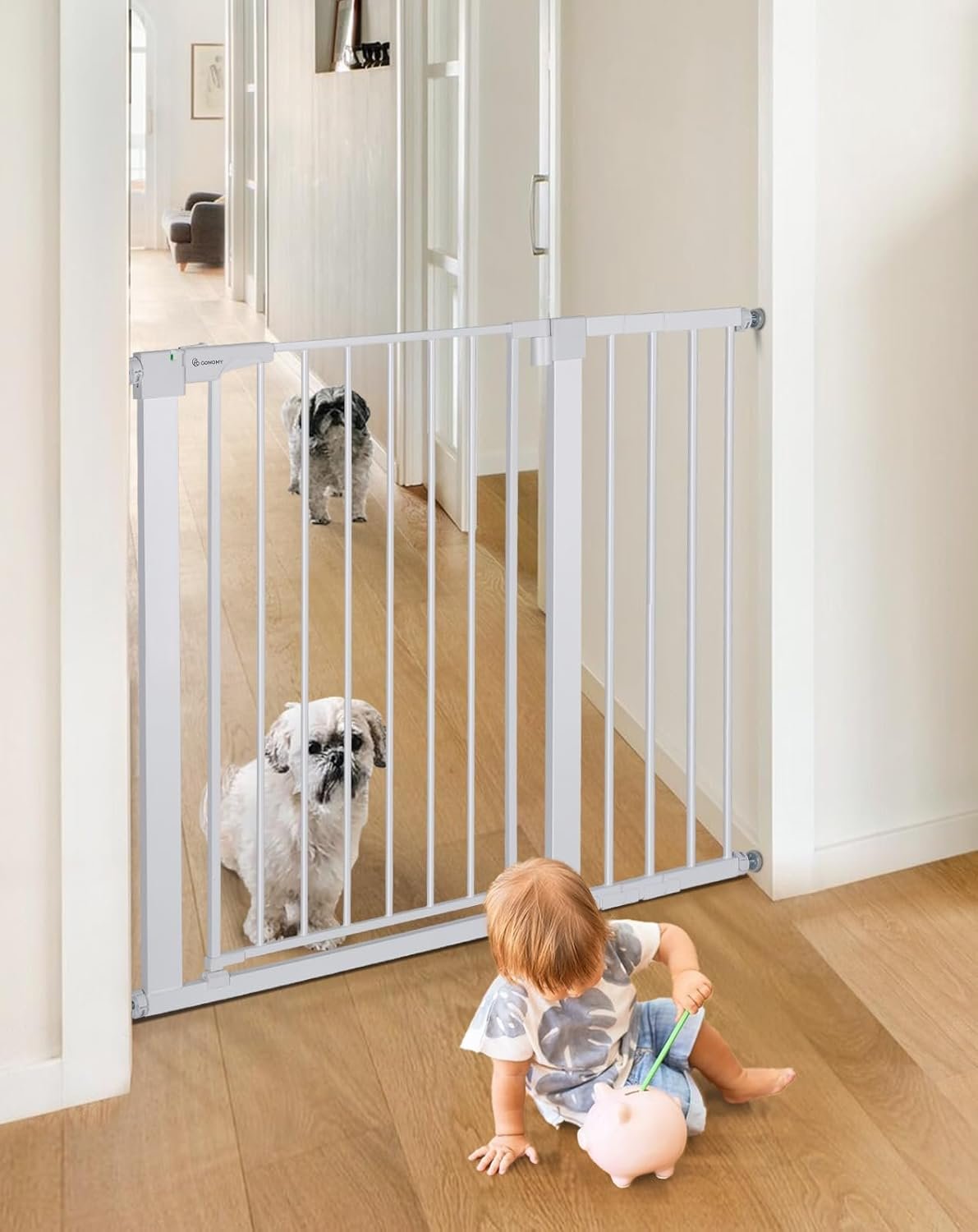 COMOMY 36″ Extra Tall Baby Gate for Stairs Doorways, Fits Openings 29.5″ to 43.3″ Wide, Auto Close Sturdy Safety Dog Gate for House, Pressure Mounted Easy Walk Through Pet Gate with Door, White