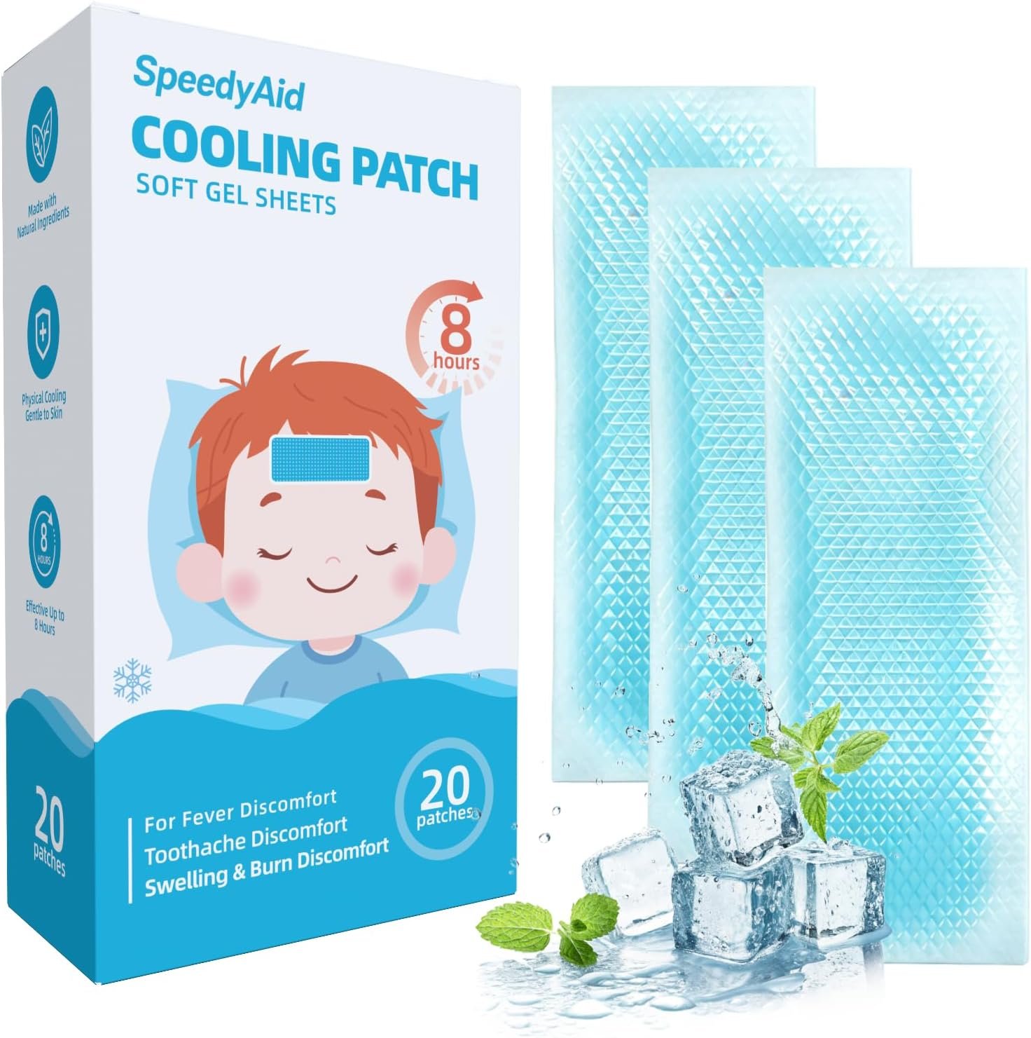 20 Sheets SpeedyAid Fever Patches for Kids & Adults – Soft Gel Cooling Pads for Fever Discomfort & Pain Relief, Soothe Headache Pain, Pack of 20