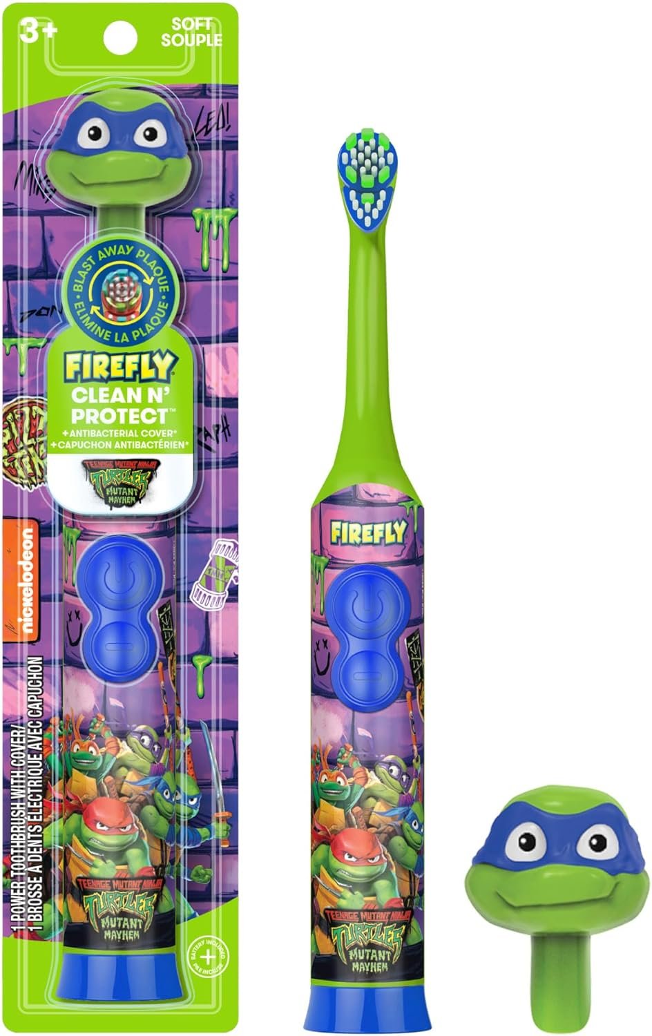 Firefly Clean N’ Protect Teenage Mutant Ninja Turtles Power Toothbrush with 3D Character Cover, Soft Bristles, Battery Included, Ages 3+, 1+1