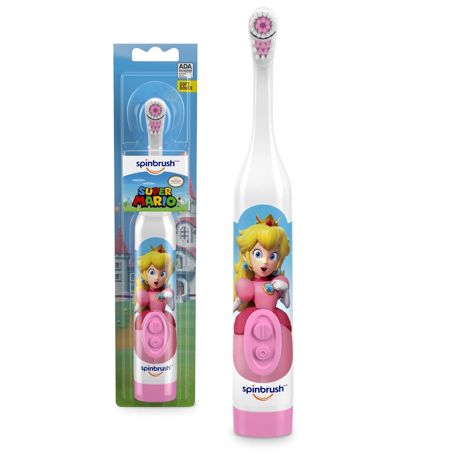 Princess Peach Kid’s Spinbrush Electric Battery Toothbrush, Soft Bristles
