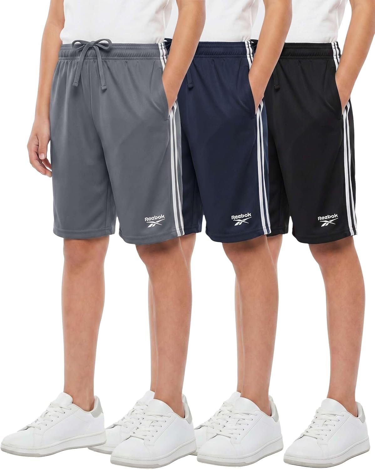 Reebok 3 Pack: Boys’ Dry Fit Athletic Shorts w/Side Taping – Active Quick Dry Running Basketball Soccer Short for Kids Teens