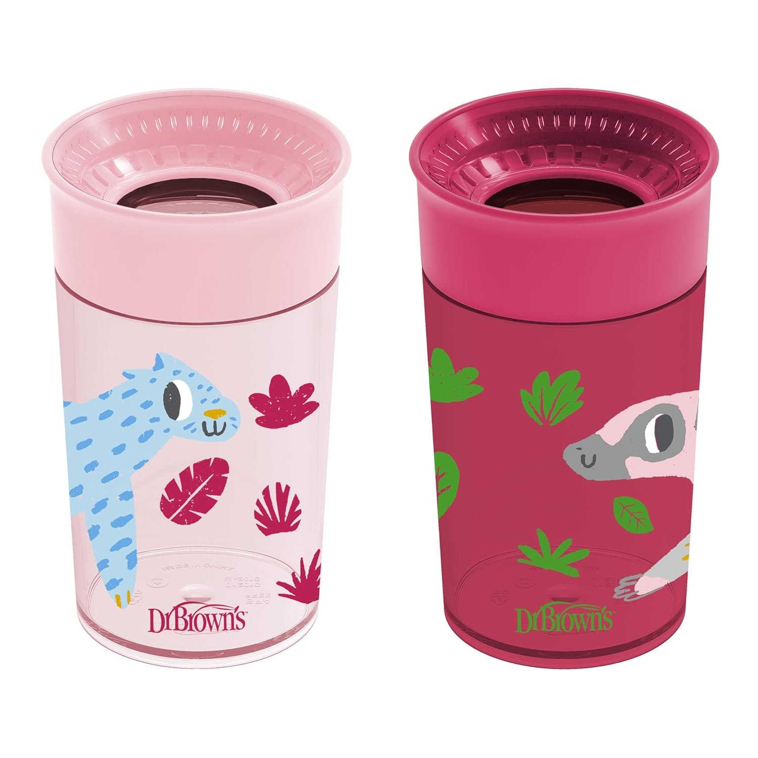 Dr. Brown’s Milestones Cheers 360 Cup Spoutless Transition Cup, Travel Friendly & Leak-Free Sippy Cup, Pink Leopard – Red Lemur, 10 oz/300 mL, 2 count (1 pack)