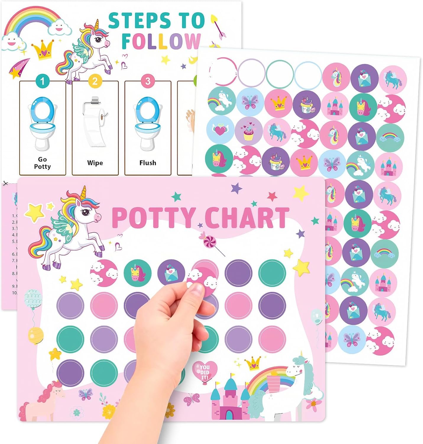 Unicorns Potty Training Chart for Toddlers, 10 Potty Training Sticker Charts with 280 Reward Stickers, Potty Reward Chart Sticker Chart for Kids, Potty Toilet Training Aid for Boys, Girls
