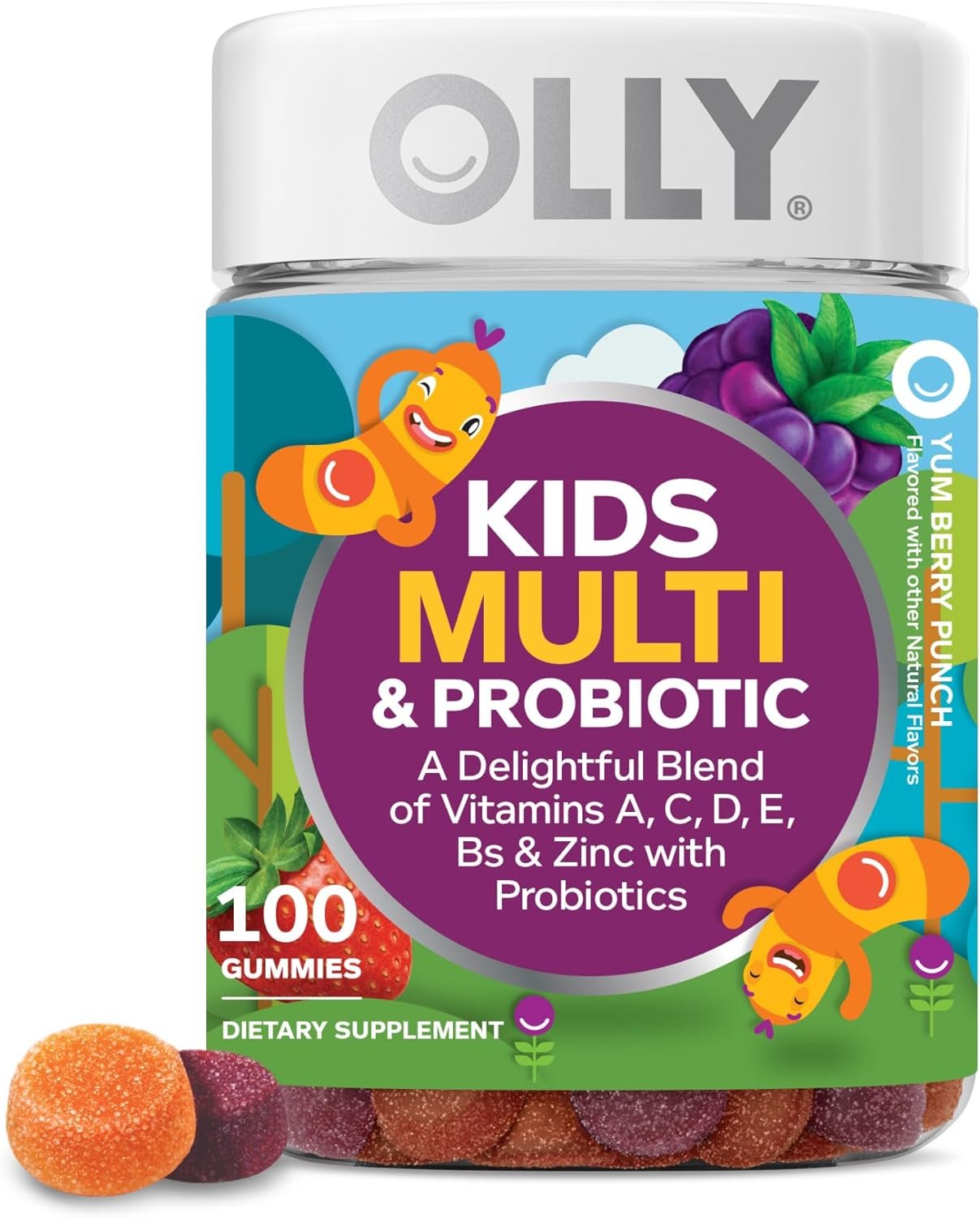 OLLY Kids Multivitamin & Probiotic Gummy, Digestive Support, Vitamins A, D, C, E, B, Zinc, Chewable Supplement, Berry Flavored, 50 Day Supply – 100 Count