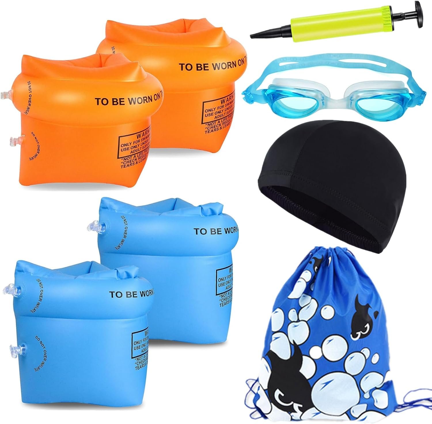 Arm Floaties for Kids 3-5 Swim Arm Bands Floater Sleeves 8PCS Pool Floats Set Includes PVC Inflatable Toddler Floaties Anti-Fog Swimming Goggles Swimming Cap Air Pump and Drawstring Backpack