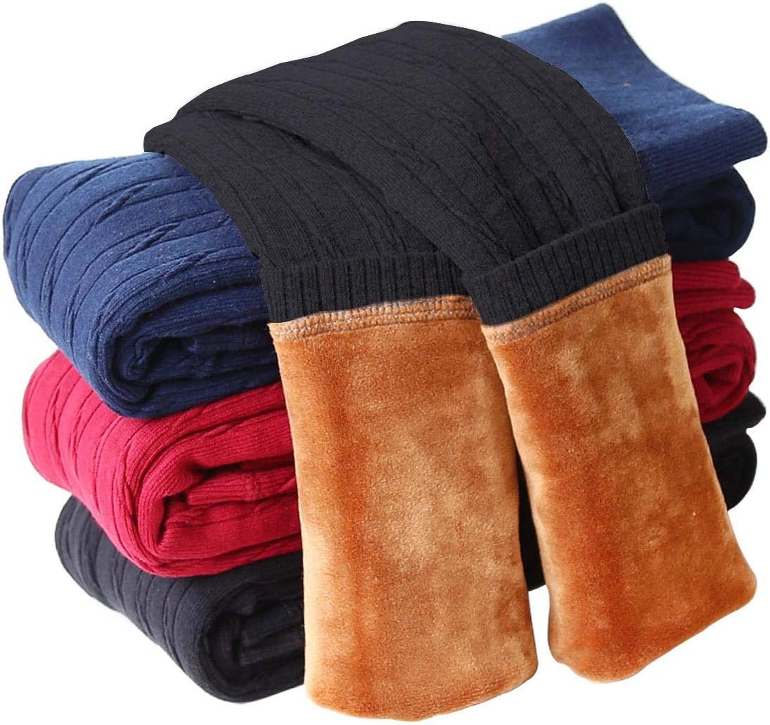 LUOUSE Girls Stretch Velvet Fleece Lined Leggings Little Kids Skinny Warm Thick Cable Knit Pants