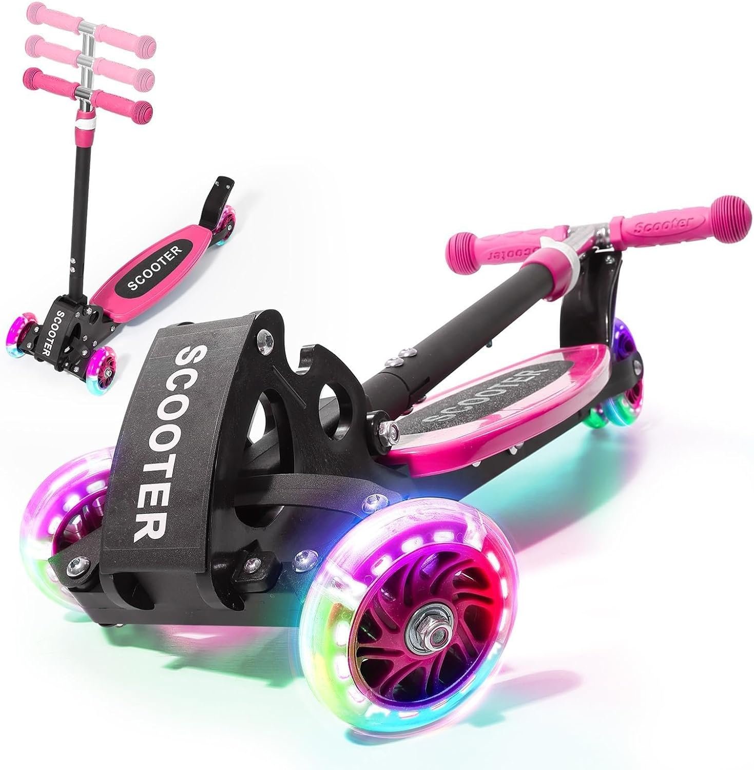 Foldable Kids Scooter with Lean-to-Steer Technology, LED Light-Up Wheels, and Quick-Adjust Handlebar – Ideal Outdoor Gift for Ages 3/4/5/6/7
