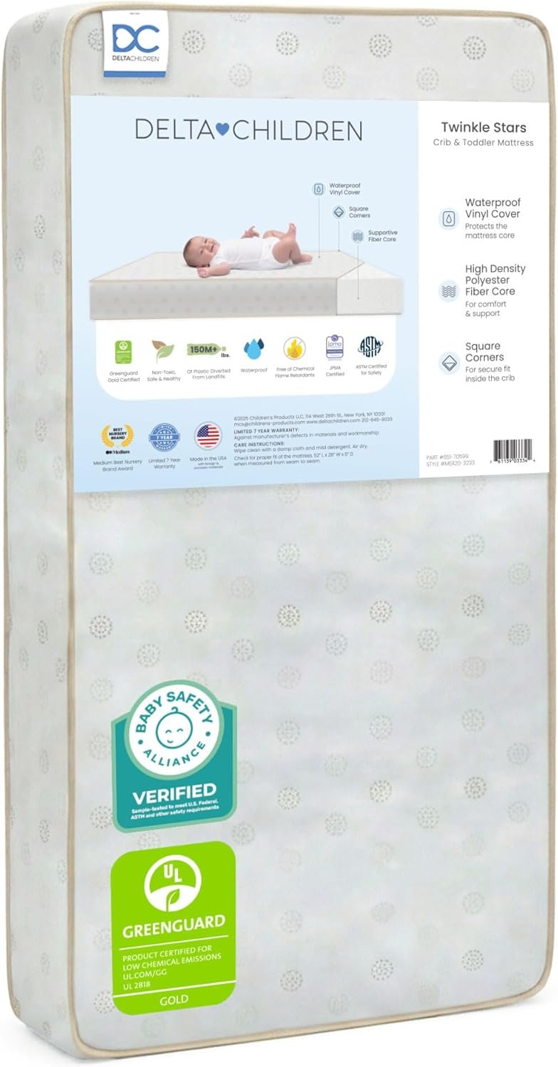 Delta Children Twinkle Stars Dual Sided – 6″ Premium Sustainably Sourced Fiber Core Crib and Toddler Mattress – Waterproof – GREENGUARD Gold Certified – 7 Year Warranty – Made in USA