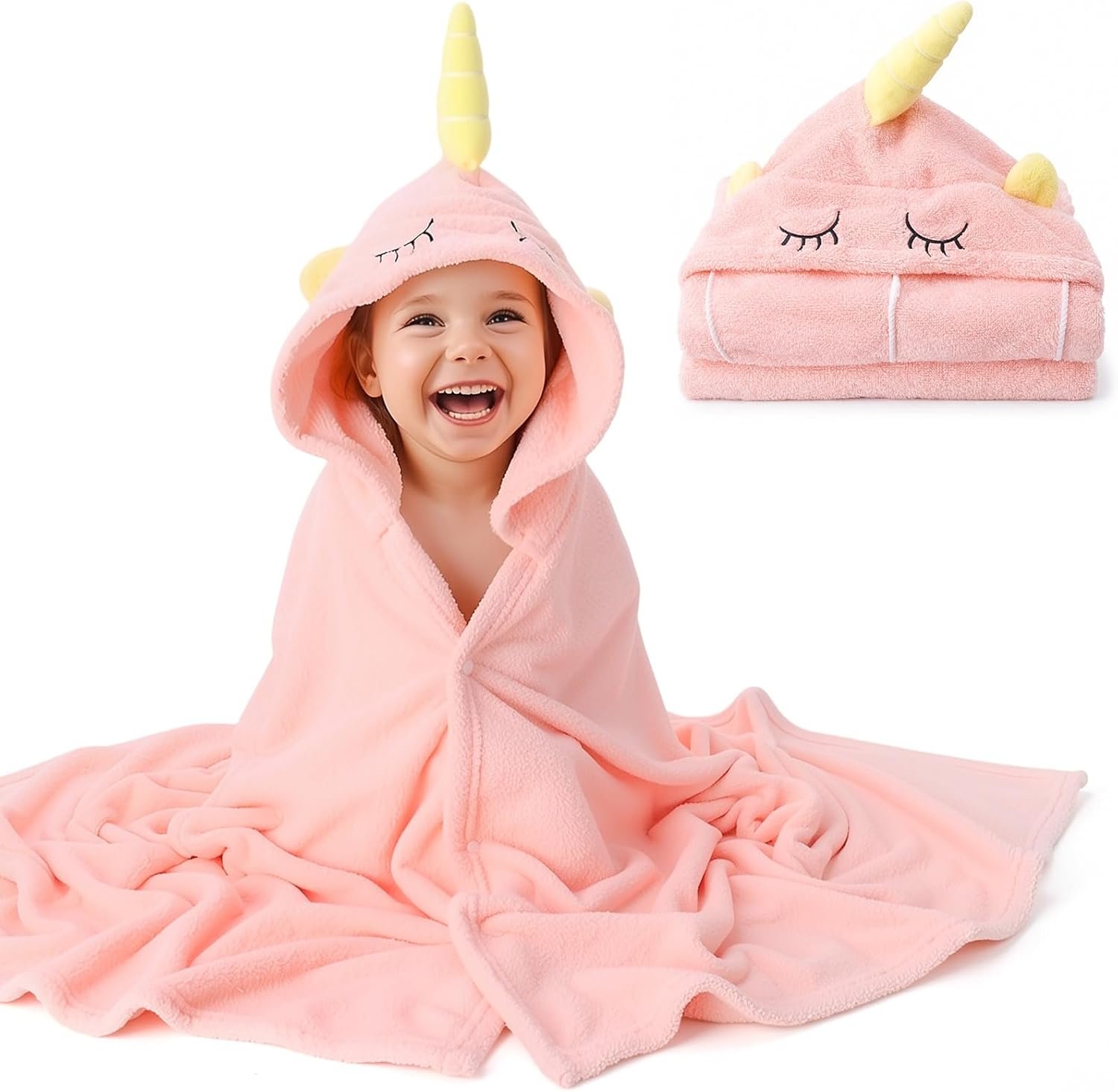 Toddler Towels with Hood, Large 27.5×55 Inch Super Soft Coral Fleece, Ultra Absorbent Bath Towels Poncho Towels with Snap Buttons for Bath, Beach, Swim, Bedtime Snuggles, Age 3-8 Years