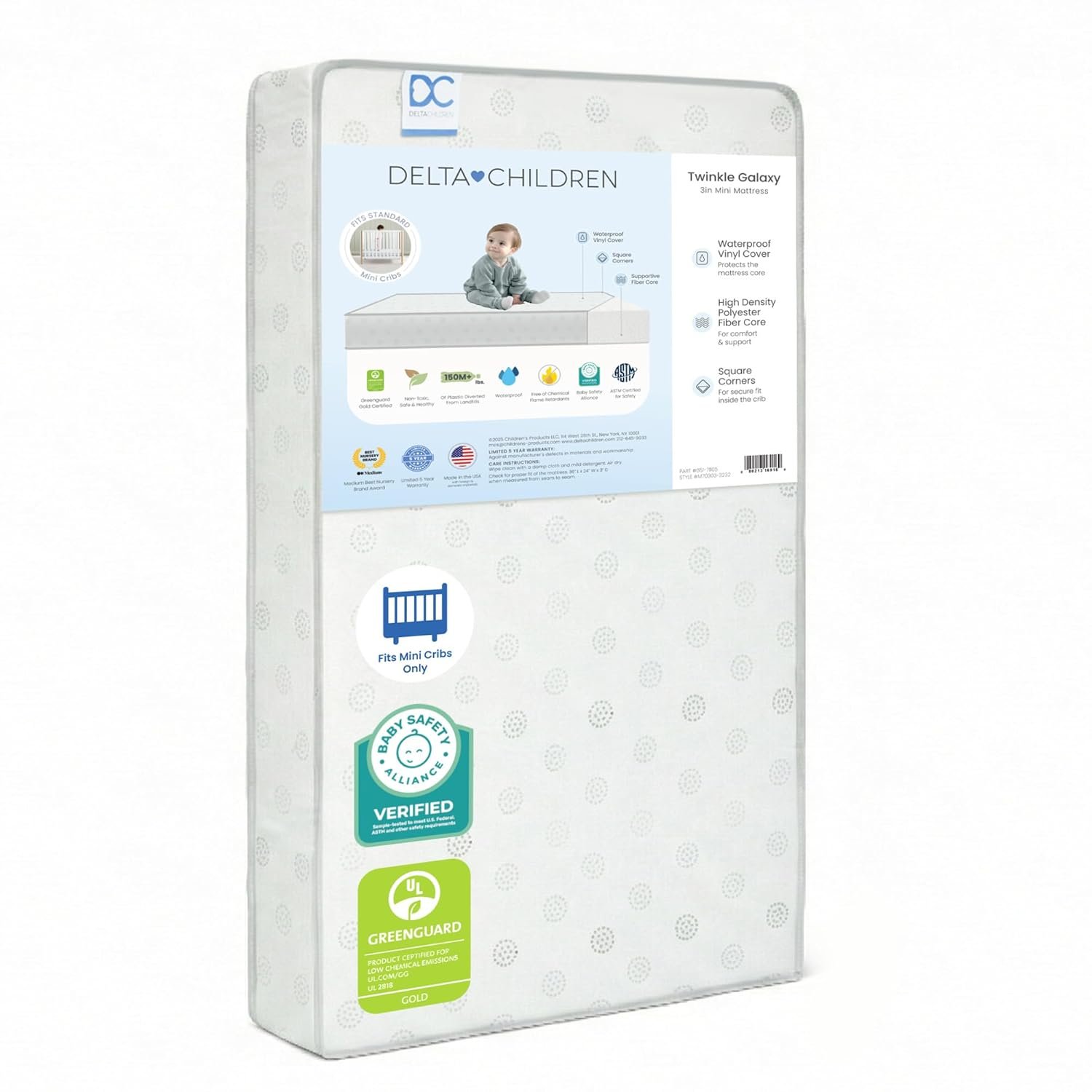 Twinkle Galaxy 3-inch Mini/Portable Crib Mattress – Sustainably Sourced Fiber Core – Waterproof – GREENGUARD Gold Certified (Non-Toxic) – Trusted 10 Year Warranty