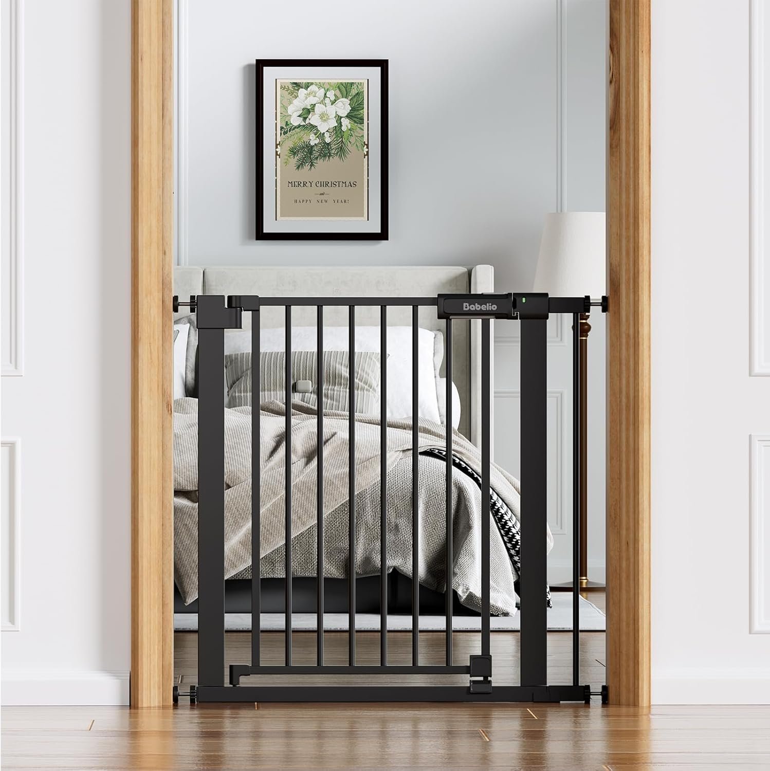 Babelio Baby Gate for Doorways and Stairs, 31-36″ Pet Gate with Wide Walk Thru Door and Lock Indicator, No Drill Pressure Mounted Safety Gate with Double Lock and Self-Closing, Black