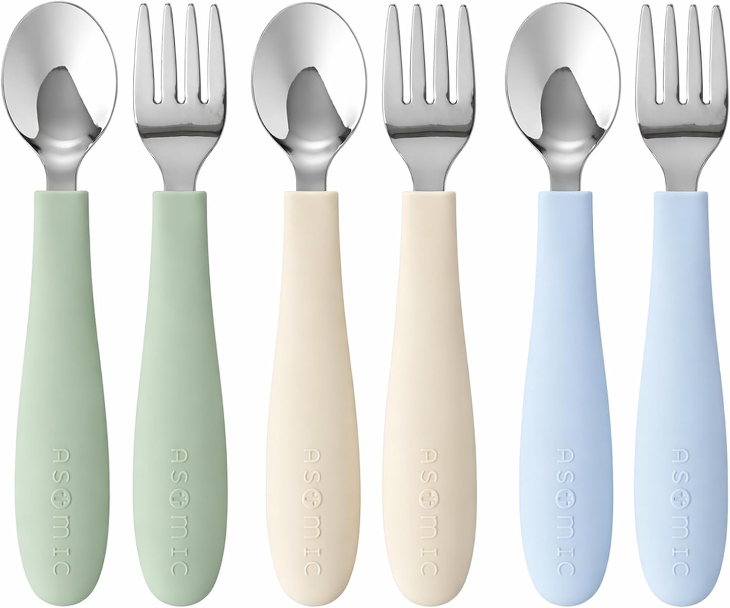 ASOMIC Toddler Utensils, 6-Piece Kids Silverware Set with Silicone Handles, 3 Forks & 3 Spoons, Premium 316 Stainless Steel, Dishwasher Safe (Sage/Sky Blue/Ivory)