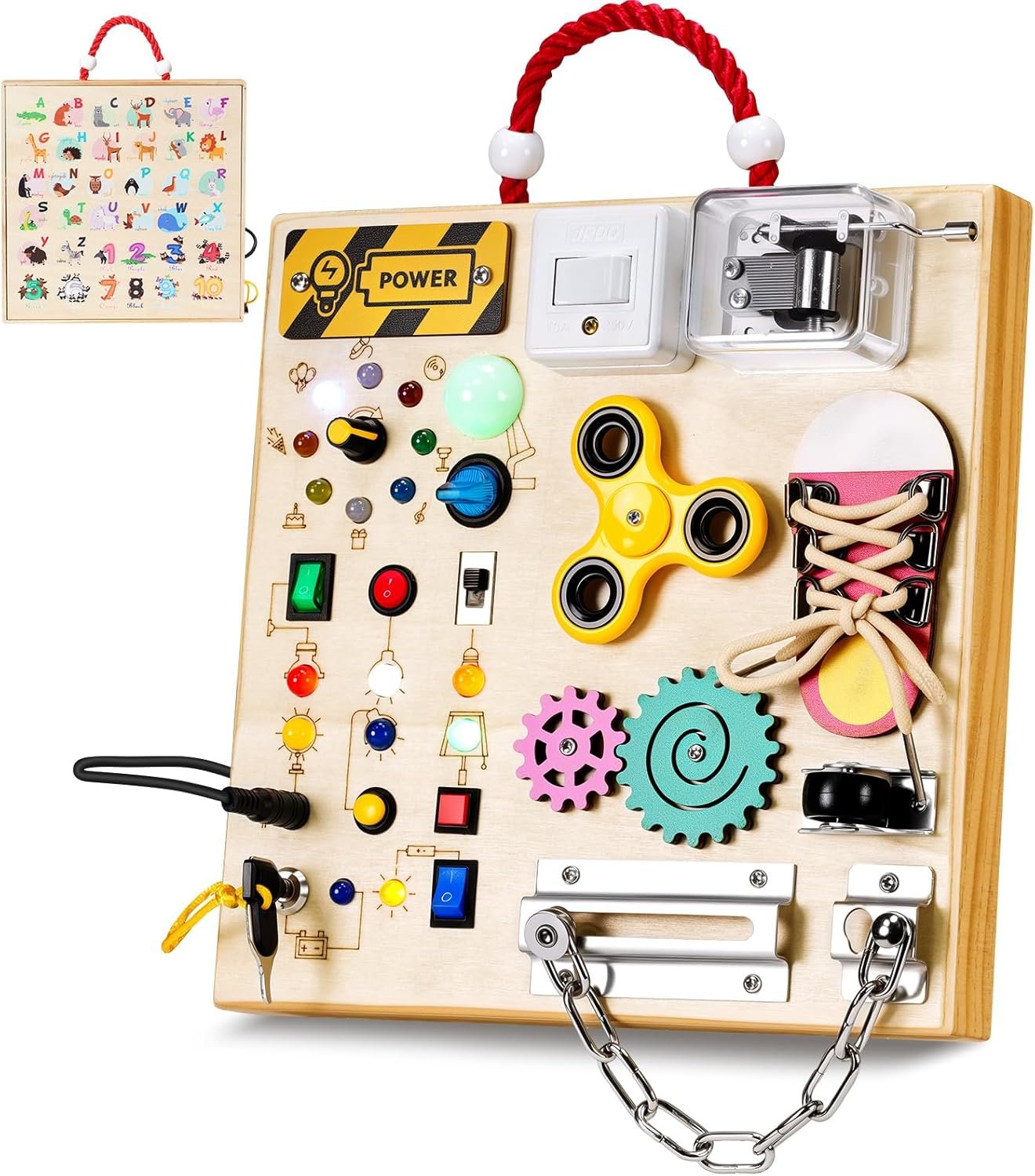 Montessori Wooden Busy Board Toys for 1 2 3 Boys Girls,Toddler Sensory Educational Fidget Board Travel Toy with LED Light Up Switches & Music Boxes, Locks for Kids Gifts