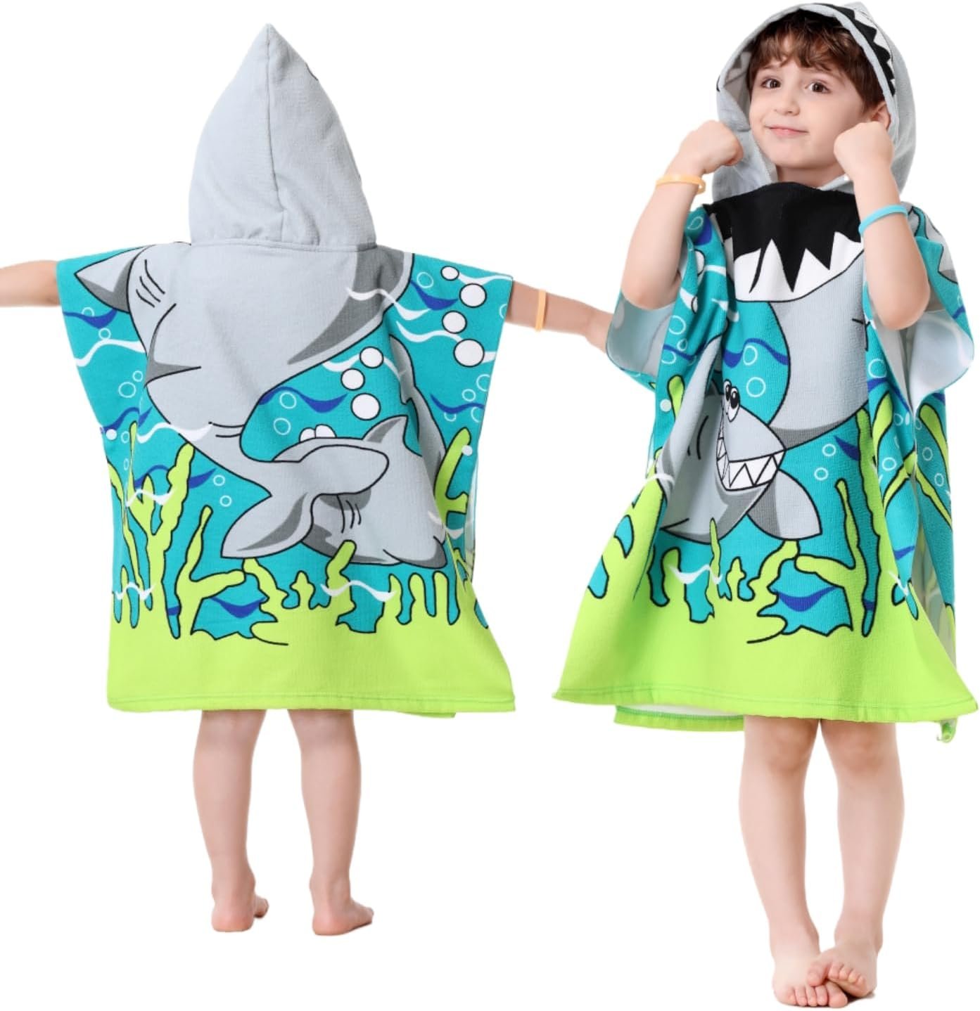 Wearable Hooded Towel for Kids Toddlers Bath Pool Beach Boy Girl Swim Poncho Cover-ups, Shark Theme with Bag