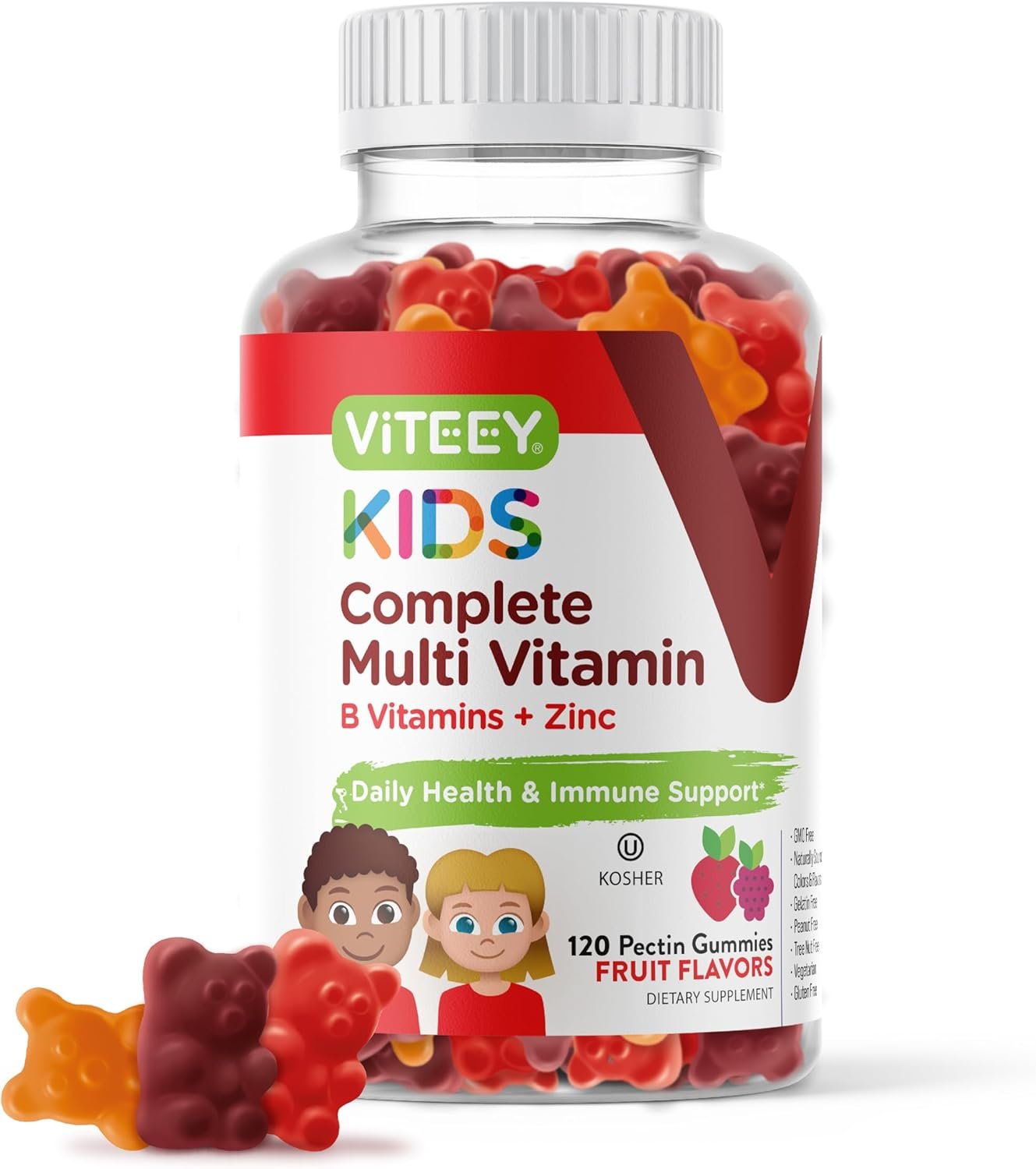 Viteey Kids Multivitamin Gummies, Complete Daily Essential Kids Vitamins – Great for Immune Support & Overall Health – 12 Essential Minerals & Vitamins – Vegetarian, Gelatin Free- Fruit Flavor Gummy