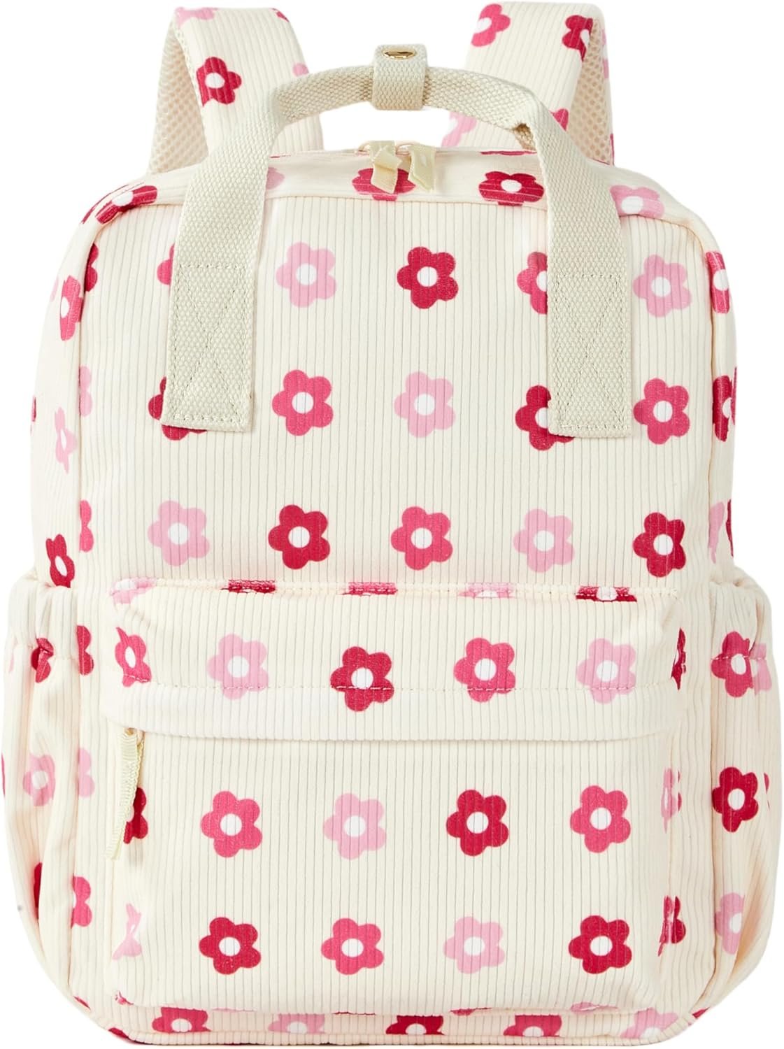 Mini Corduroy Toddler Backpack Bookbag School Bag for Toddlers Girls and Boys Preschool Daycare Kindergarten 13” H Lightweight Fits for Folder(Floral-Beige Corduroy)