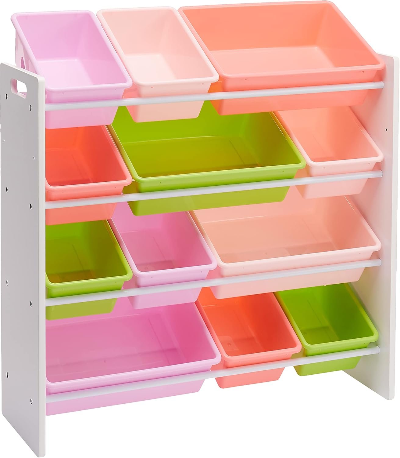 Amazon Basics Kids Toy Storage Organizer with 12 Plastic Bins, White Wood with Pink Bins, for Bedroom and Playroom, 33.85″D x 12.79″W x 35.42″H