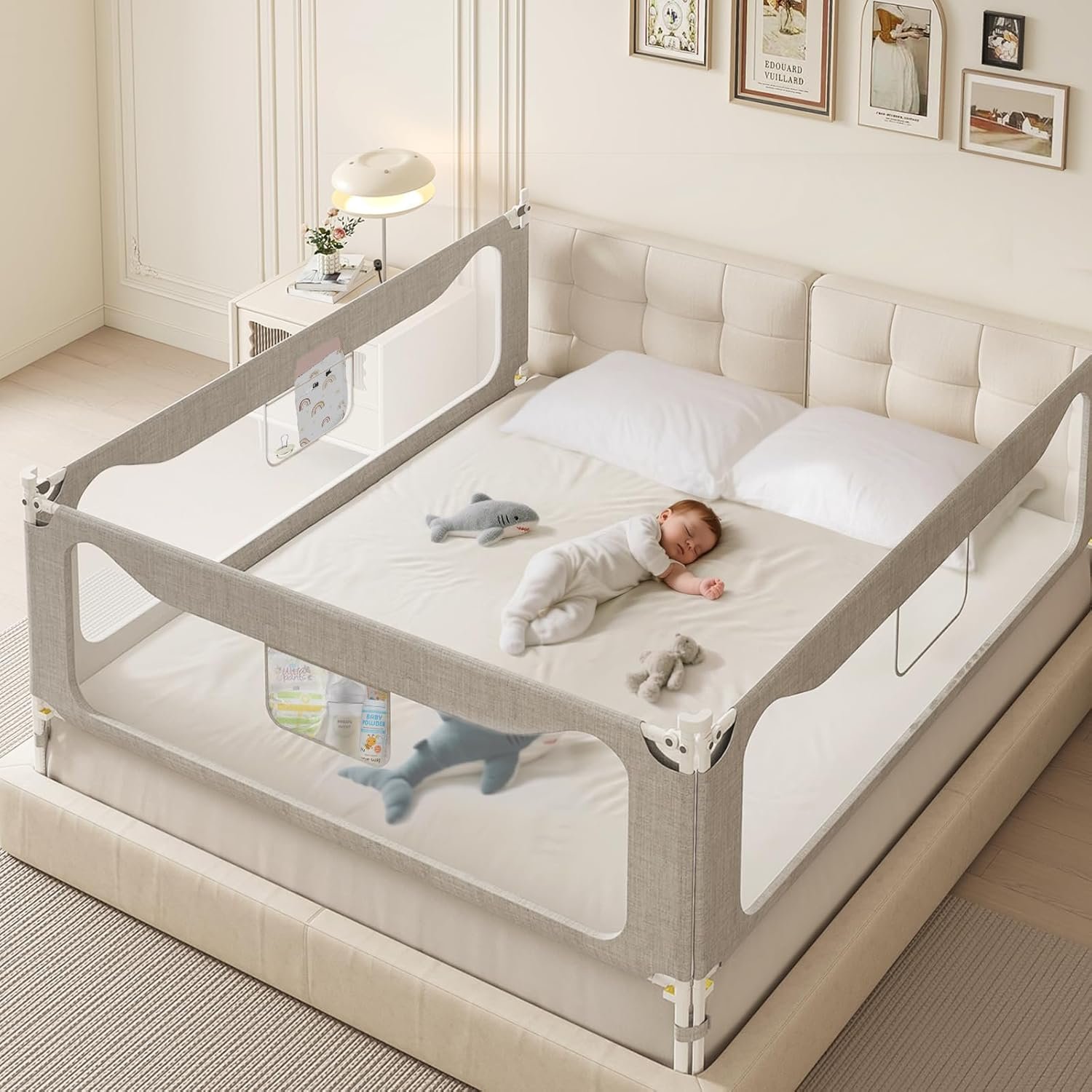 colorfarm King Size Toddler Bed Rail 3 Pack Bed Rails Guard with Safety Lock – Adjustable Bedrails Bed Fence for Infant Baby Toddlers Child (78.7×78.7×74.8 Snow White)