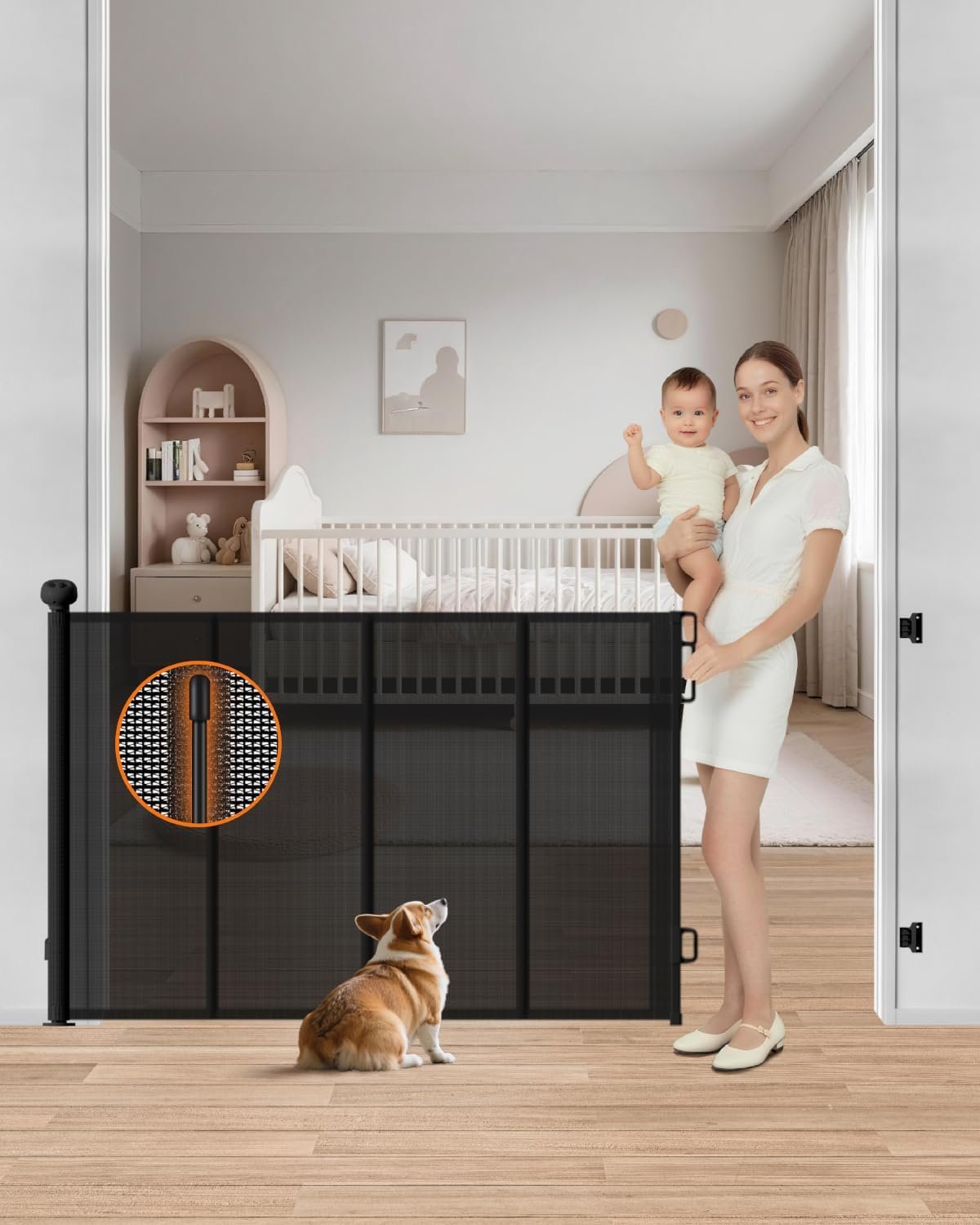 Retractable Baby Gate, 55″ Wide Mesh Baby Gate with 4 Reinforced Rods, 34″ Tall Anti-Sagging Dog Gate, Prevents Kids & Dogs from Crawling Under, for Stairways, Hallways & Patios, Black