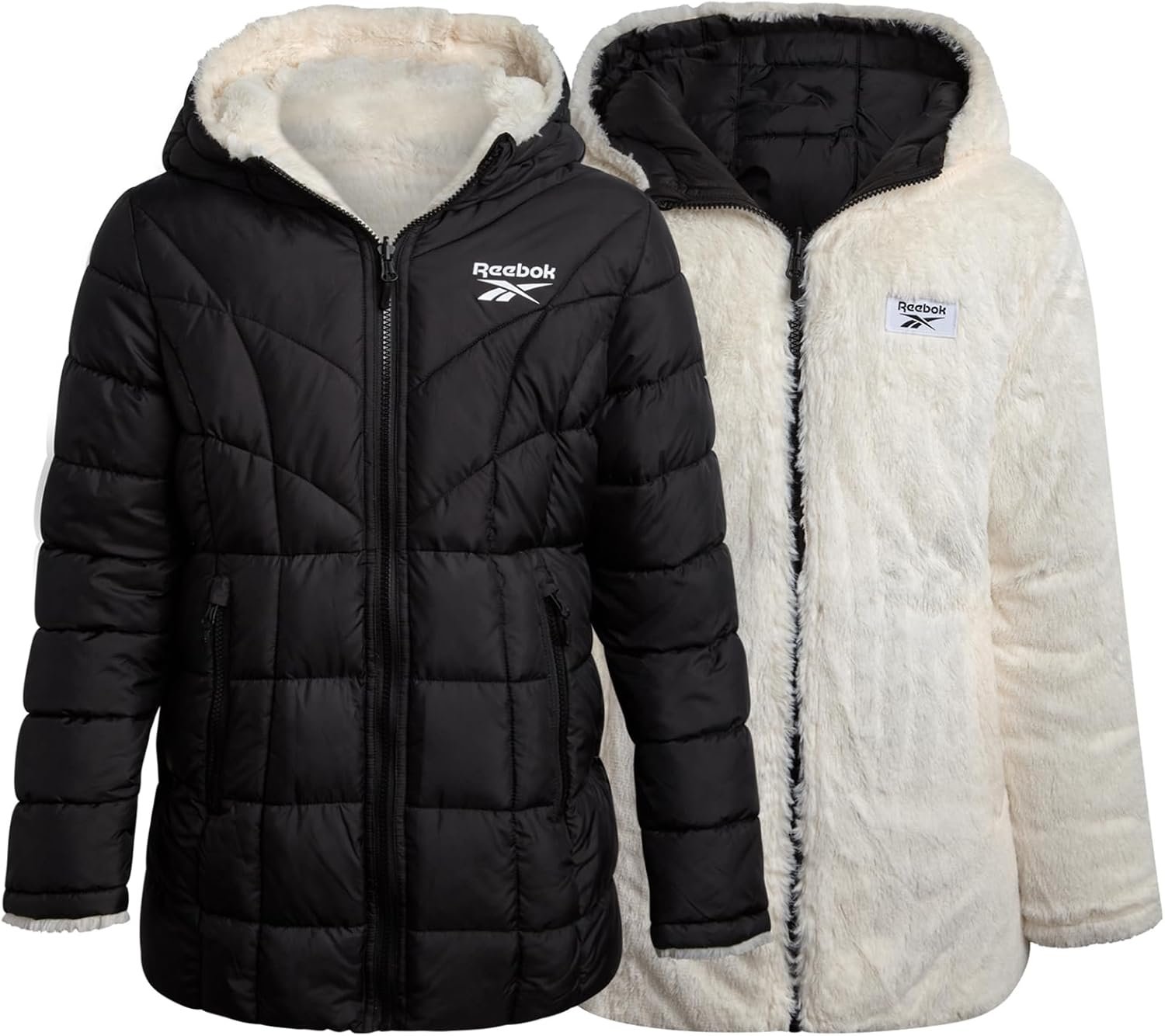 Reebok Girls Puffer Jacket – Reversible Hooded Fur Winter Coat – Wind and Water Resistant Insulated Quilted Jacket for Girls
