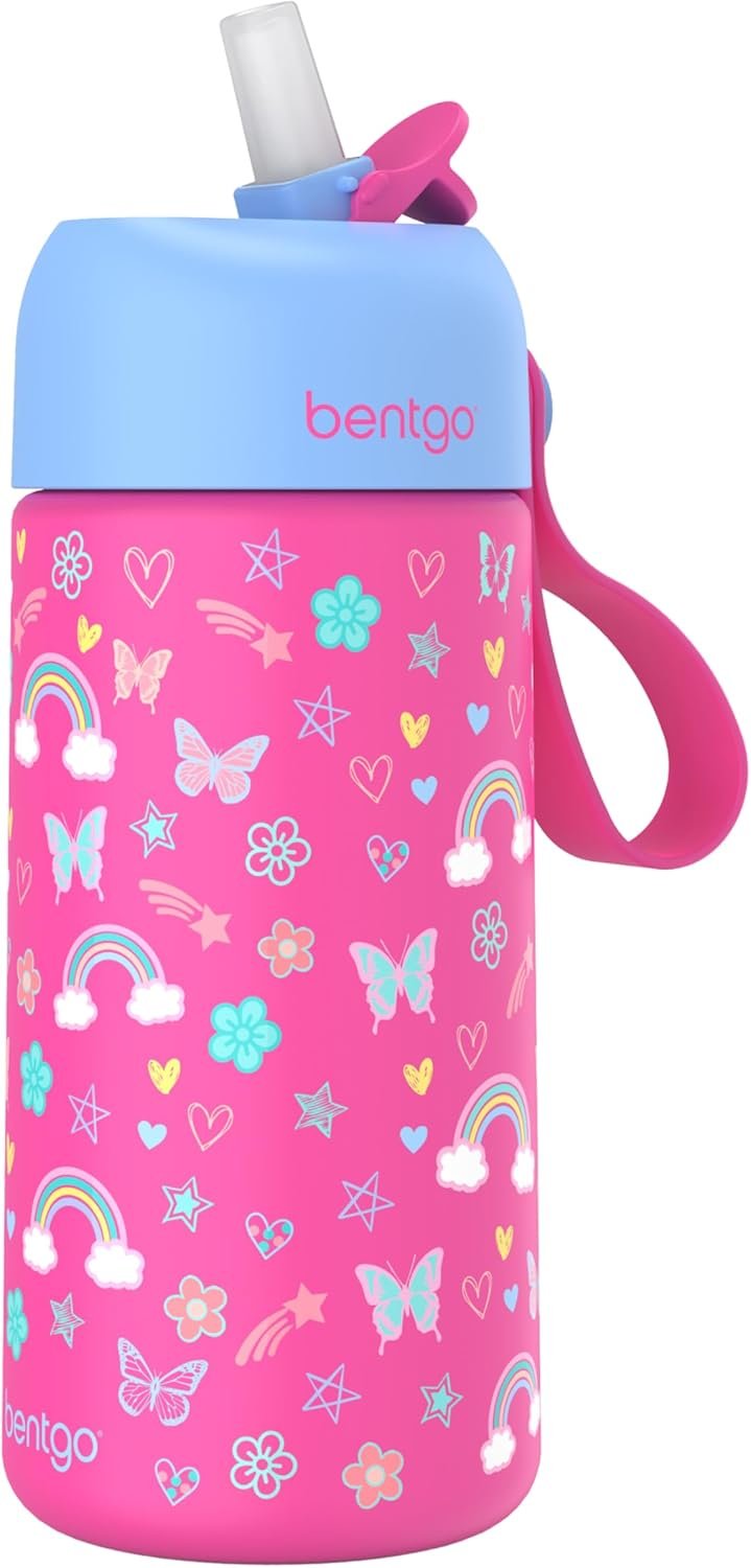 Bentgo® Kids Stainless Steel Insulated Water Bottle – Leak-Proof; Keeps Cool for 12 Hours; Durable, BPA-Free, Dishwasher Safe 14 oz. Cup for Ages 3+ for School/Sports/Daycare (Rainbows & Butterflies)