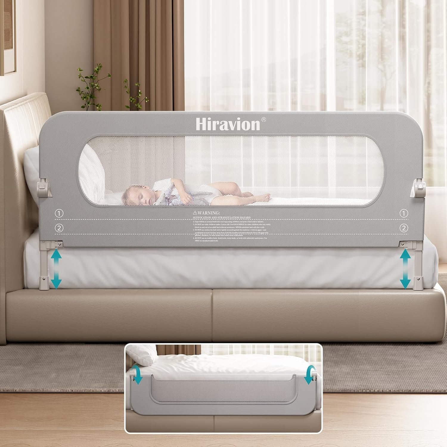 Bed Rail for Toddlers, Baby Bed Rail Guard with U-Shape Base, Height Adjustable & Foldable Toddler Bed Rails for Full Size, Queen, King, Twin (White, 59in)
