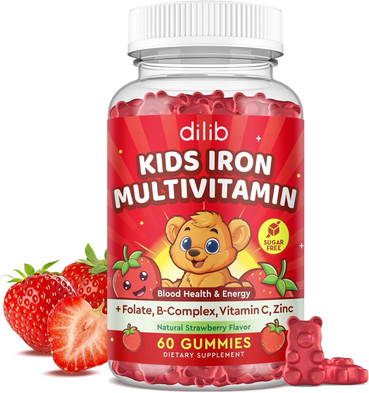 Iron Supplement Gummies for Kids, Kids Multivitamin with Iron Gummies – Zinc, Vitamin B Complex, A, C, D3, B12, Folate for Blood Builder & Energy Support, Iron Deficiency, Vegan Strawberry 60 Gummies