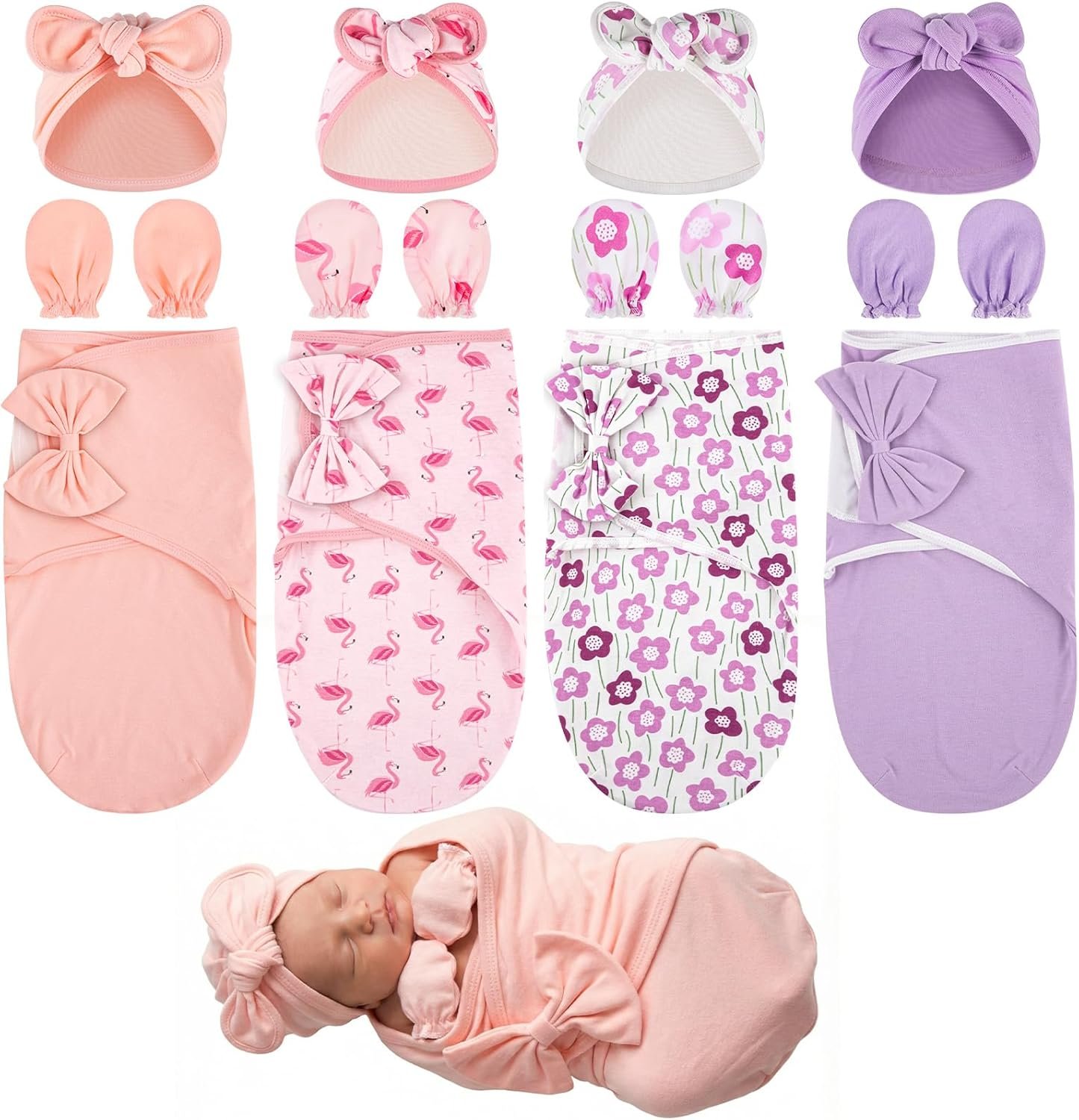 Ramede 4 Pack Baby Swaddle Blanket with Hats & Mittens, Preemie Swaddle Set for Baby Adjustable Infant Outfit for 0-3 Months