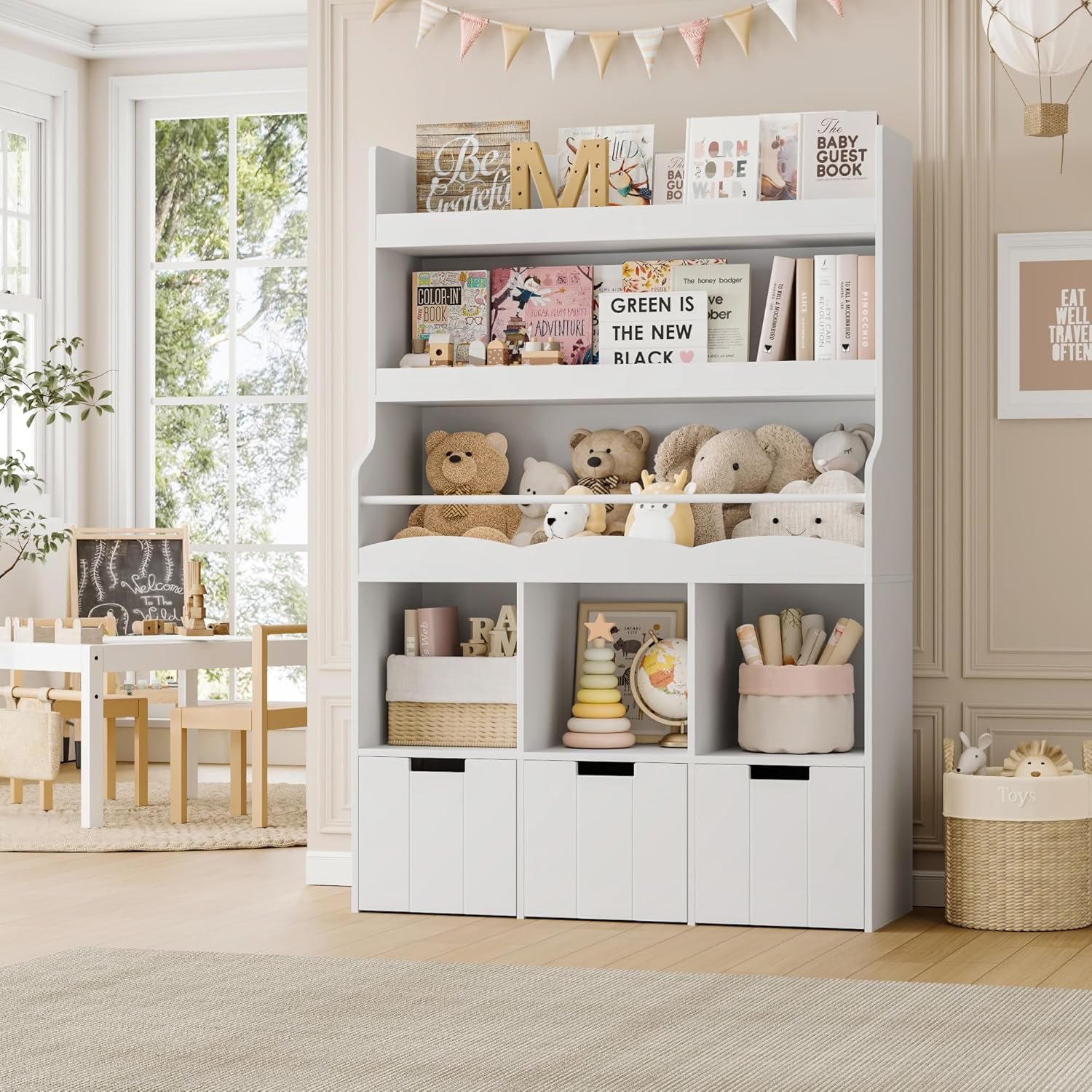 HITHOS 55.3″ H Kids Bookshelf with Toy Storage Organizer, Tall Book Shelf with 3 Movable Toy Storage Bins, Large Kids Bookcase with Toy Chest, 39.2″ W Modern Toy Box for Kid Room, Playroom, White