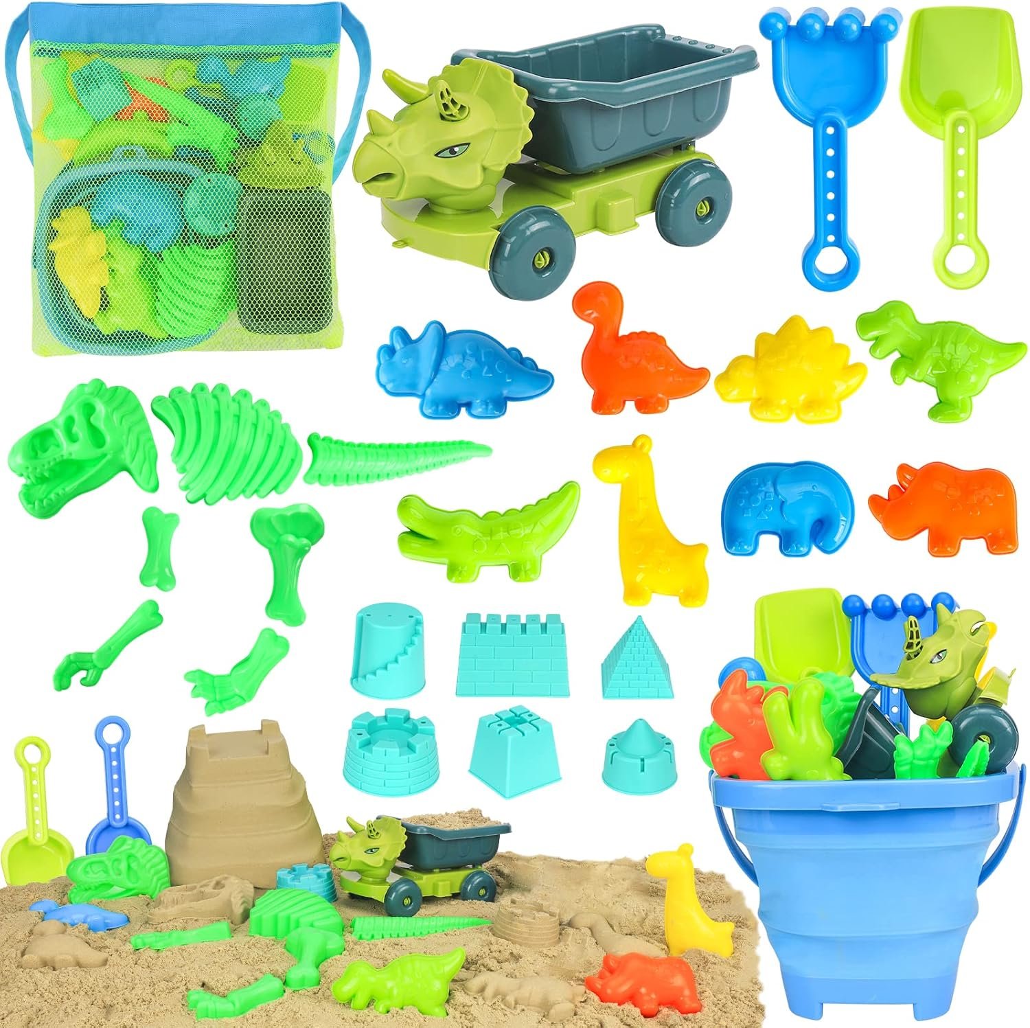 FUSPWEAO Beach Toys, Dinosaur Sand Toys with Dump Truck and Collapsible Beach Bucket, Shovel and Rake, Mesh Bag, Animal Dinosaur Sand Molds, Sand Castle Toy, Sandbox Toys for Toddlers Kids Boys