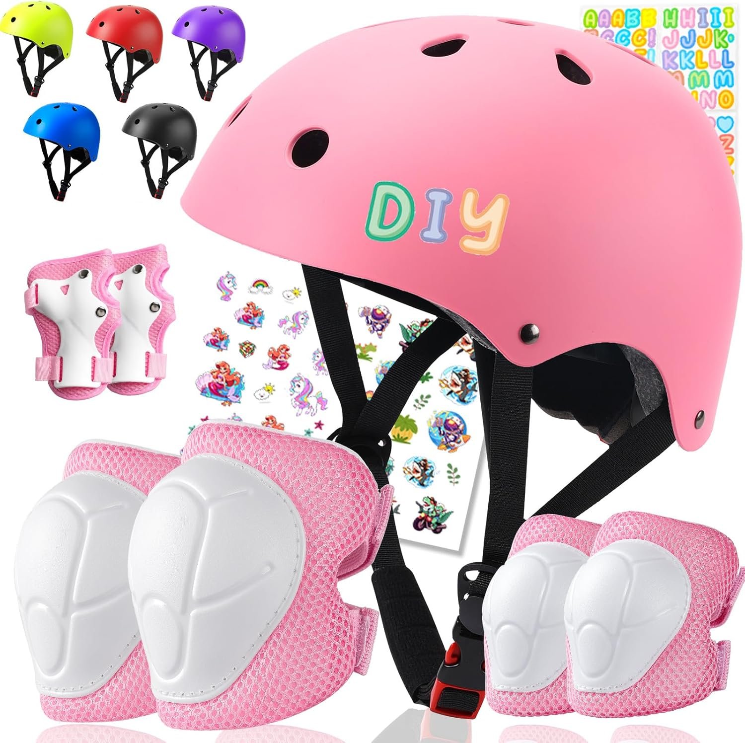 Color Gradient Kids Bike Helmet and Pads Adjustable Helmet for Kids Protective Gear Set with Elbow Knee Pads Wrist Guards for Cycling Bicycle