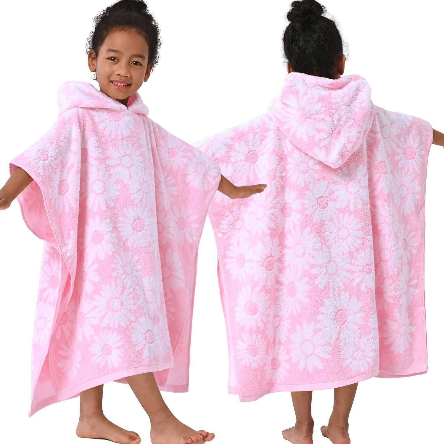 VOOVA & MOVAS Thick Hooded Bath Towel Poncho for Kids (4-8Years) – Soft, Absorbent Turkish Cotton Swim Towel Robe, Perfect for Bathroom | Pool | Swim, Jacquard, Pink with White Daisy Theme