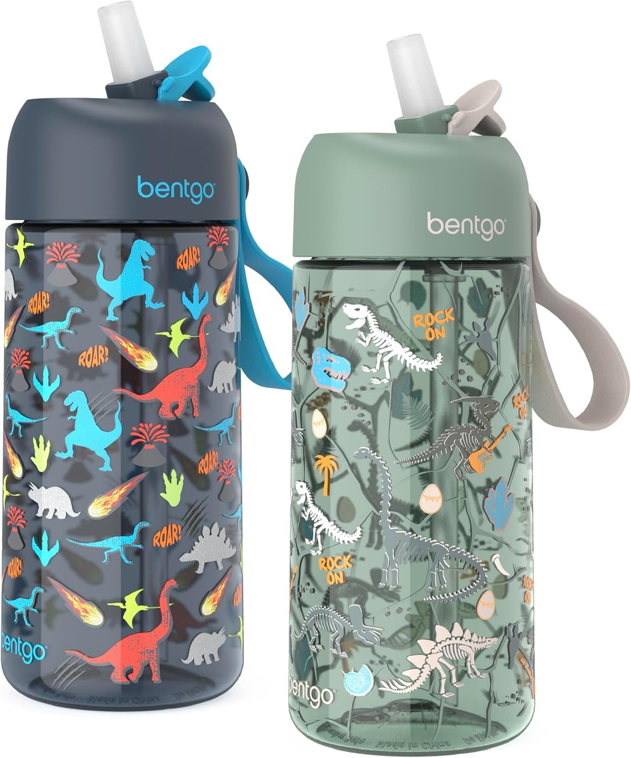 Bentgo Kids Water Bottle 2-Pack – Leak-Proof Durable Tritan BPA-Free 15 oz Cup for Kids/Toddlers Ages 3+; Bite & Sip Spout + Dishwasher Safe for School/Sports/Daycare/Camp (Dinosaur/Dino Fossils)