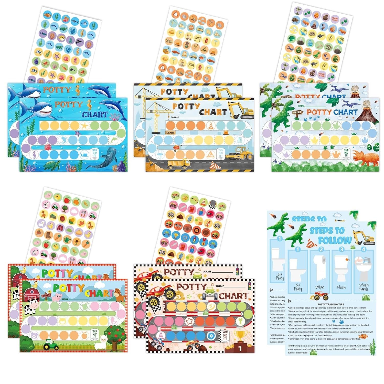 WERNNSAI Potty Training Chart for Kids – 10 Reward Charts with 5 Fun Themes (Dinosaur, Construction, Monster Truck, Farm & Shark) and 270 Stickers Toilet Training Reward Chart for Boys Girls Toddlers