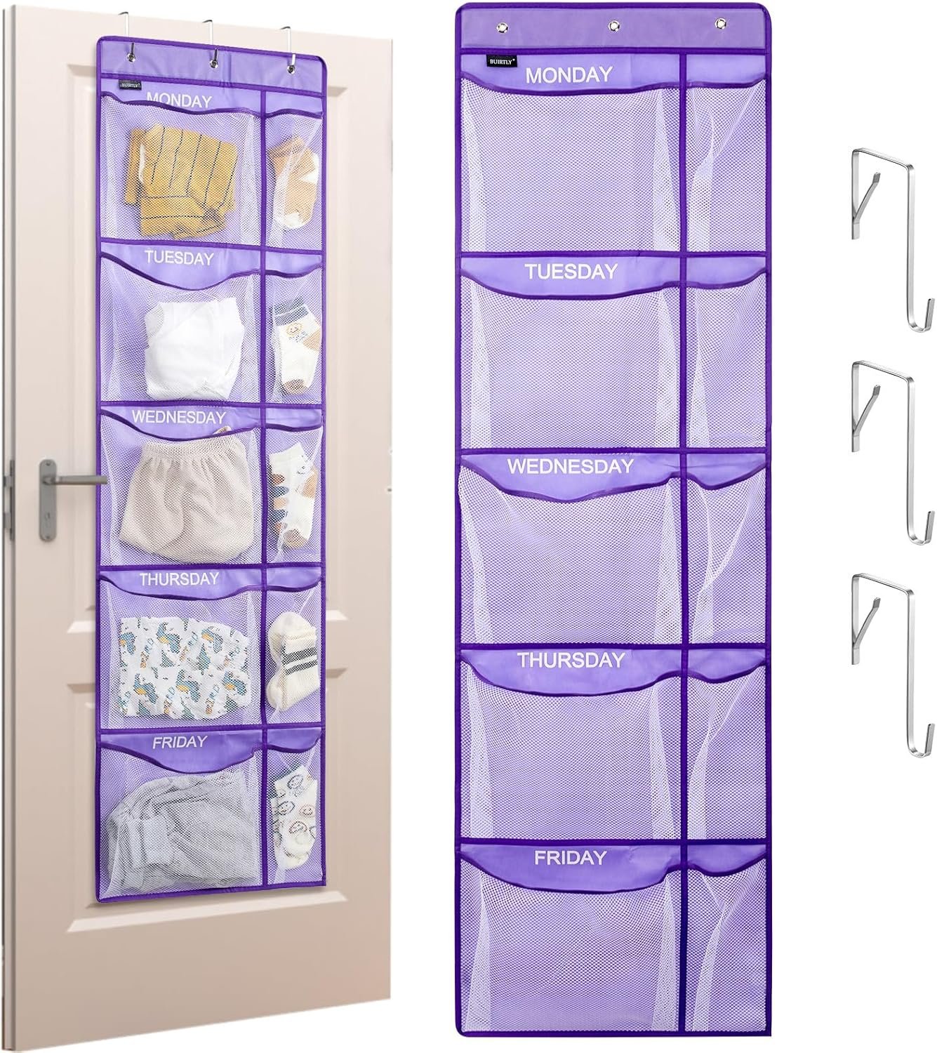 Weekly Clothes Organizer for Kids, Monday to Friday Hanging Closet Organizer, 5-Shelf Large Capacity School Storage with Side Pockets, Purple (Quantity 1)