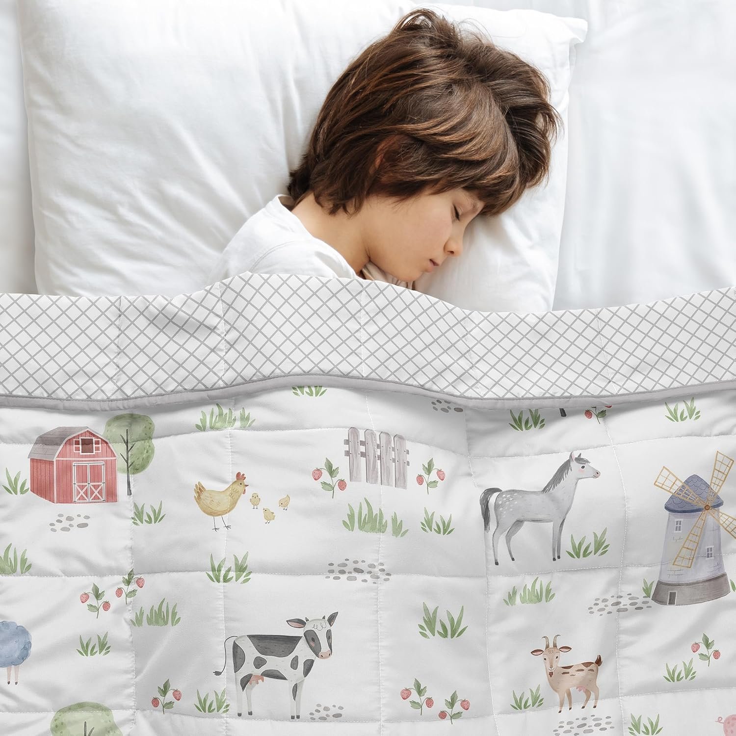 Sweet Jojo Designs Weighted Blanket Kids (Farm Animals) for Boys or Girls, Small Size Throw Lap Pad Washable 5 pounds (White & Grey Lattice Print & Watercolor, Farmhouse, Barn, Horse, Cow, Sheep, Pig)
