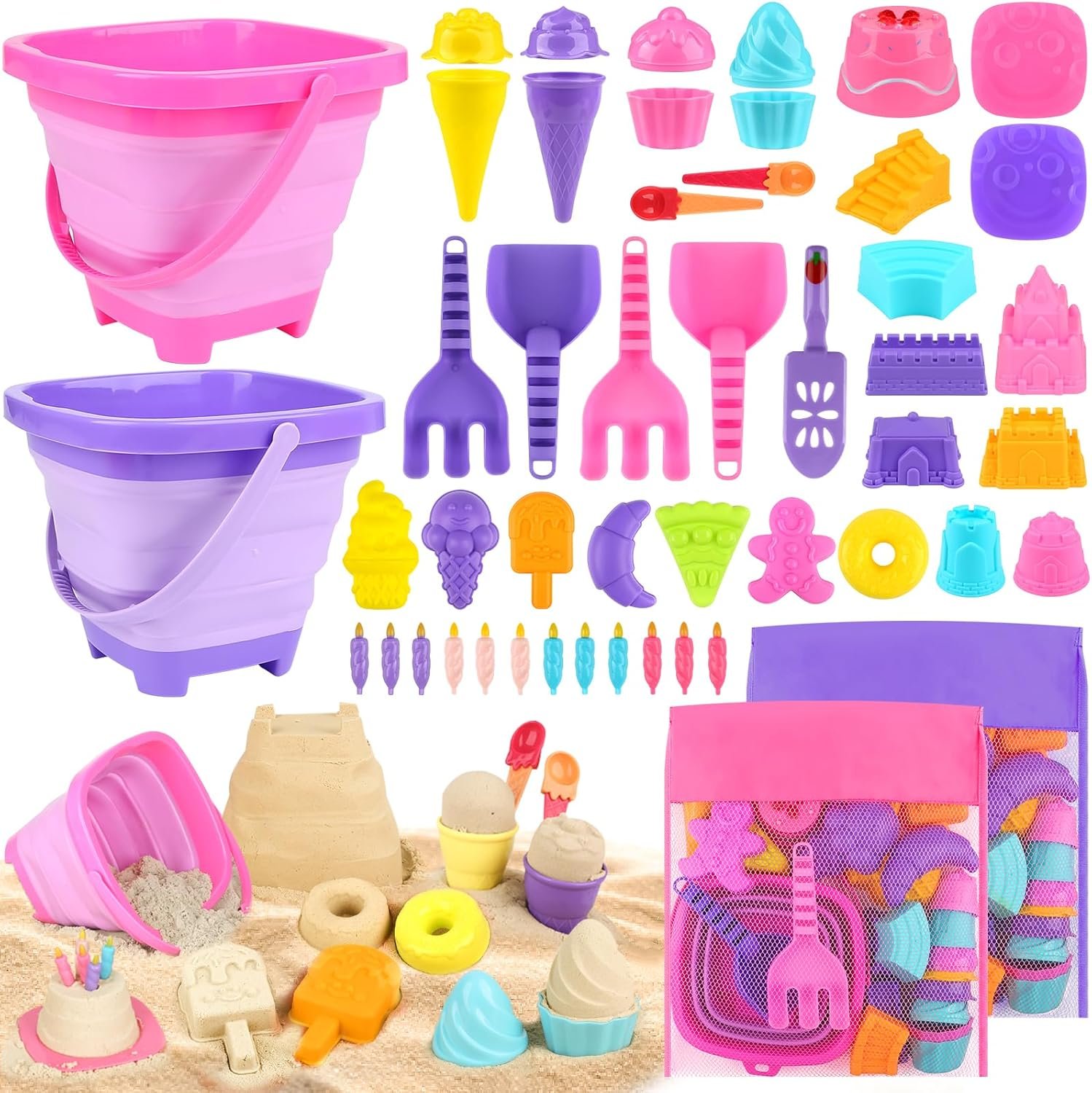 Dreamon Collapsible Beach Toys Set for Kids 3-10, Collapsible Sand Bucket with Beach Molds and Mesh Bag, 2 Pack Shovels Set Ice Cream Sand Toys for Beach, Sandbox Travel Toys for Kids Toddlers Girls