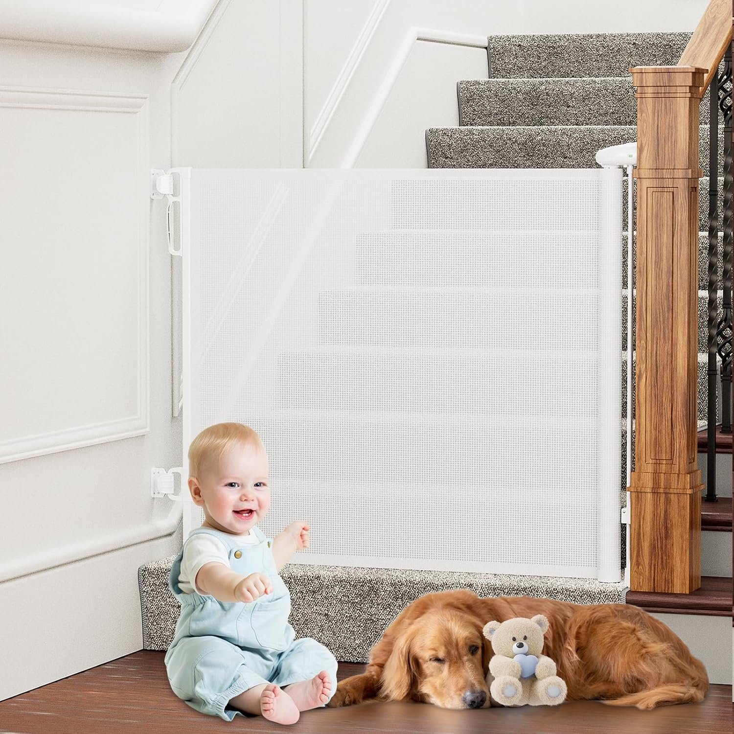 PRObebi Retractable Dog Gate for the House Extends to 54″ Wide 34″ Tall, Gates for Baby Indoor, Stair Gate for Outdoor, Staris, Hallways, Doorways, Deck, Porch, Need Drilling