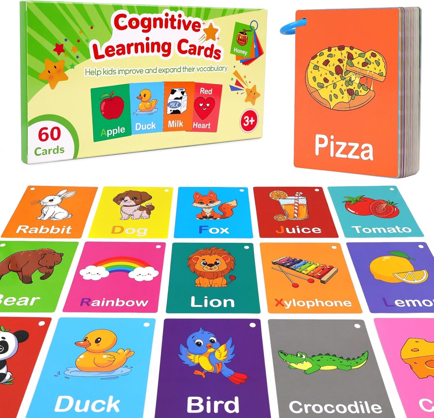 Toddler Learning Flash Cards, 60 PCS Double Sides Flashcards for Alphabets, Numbers, Colors, Shapes, Sight Words, Baby Cognitive Flashcards for Kids, Preschool Kindergarten Learning Activities