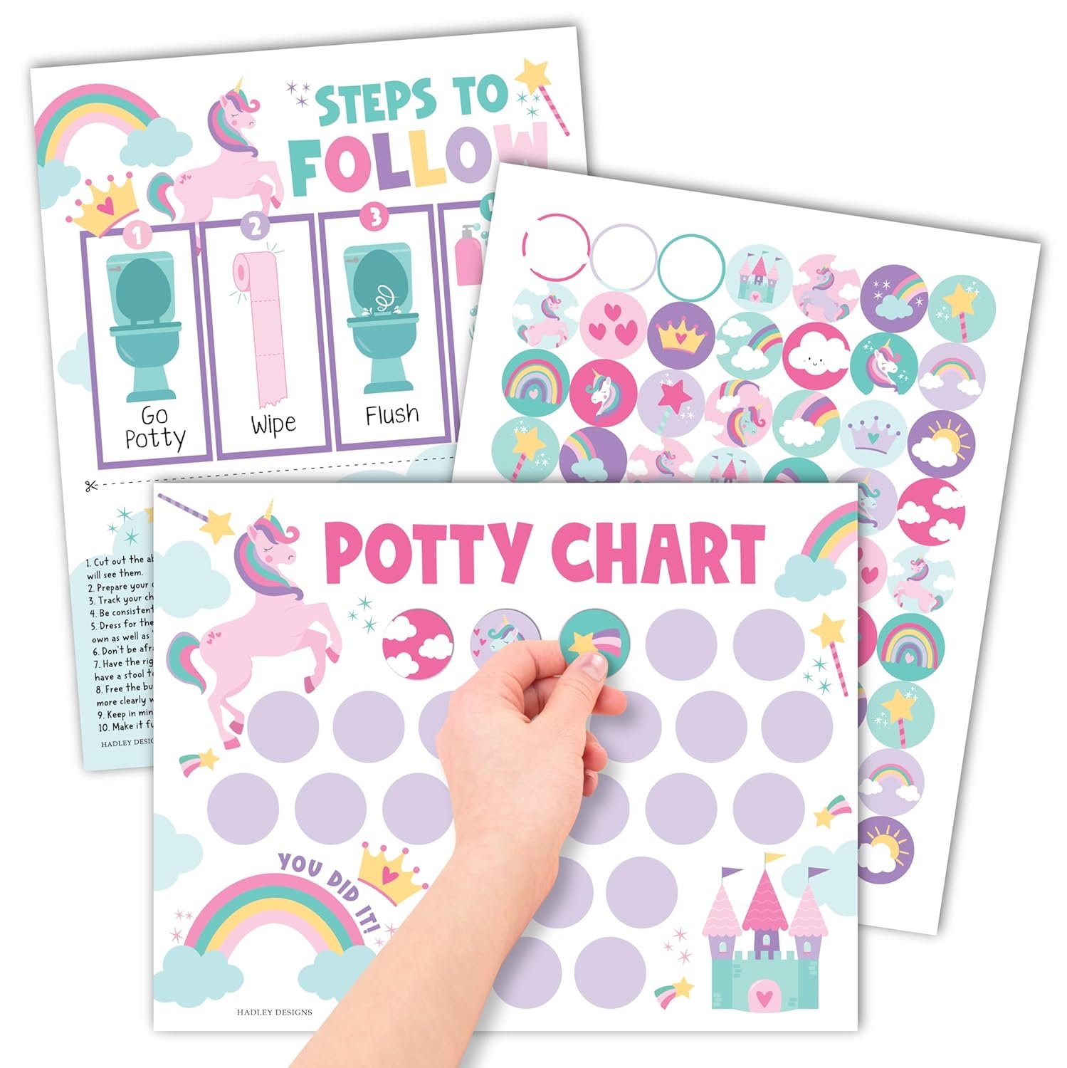 Hadley Designs Potty Training Chart for Toddlers Girls -10 Sticker Potty Chart for Toddlers Girls, 8.5×11″ Potty Training Sticker Charts for Toilet Success, Unicorn Toddler Reward Chart for Kids