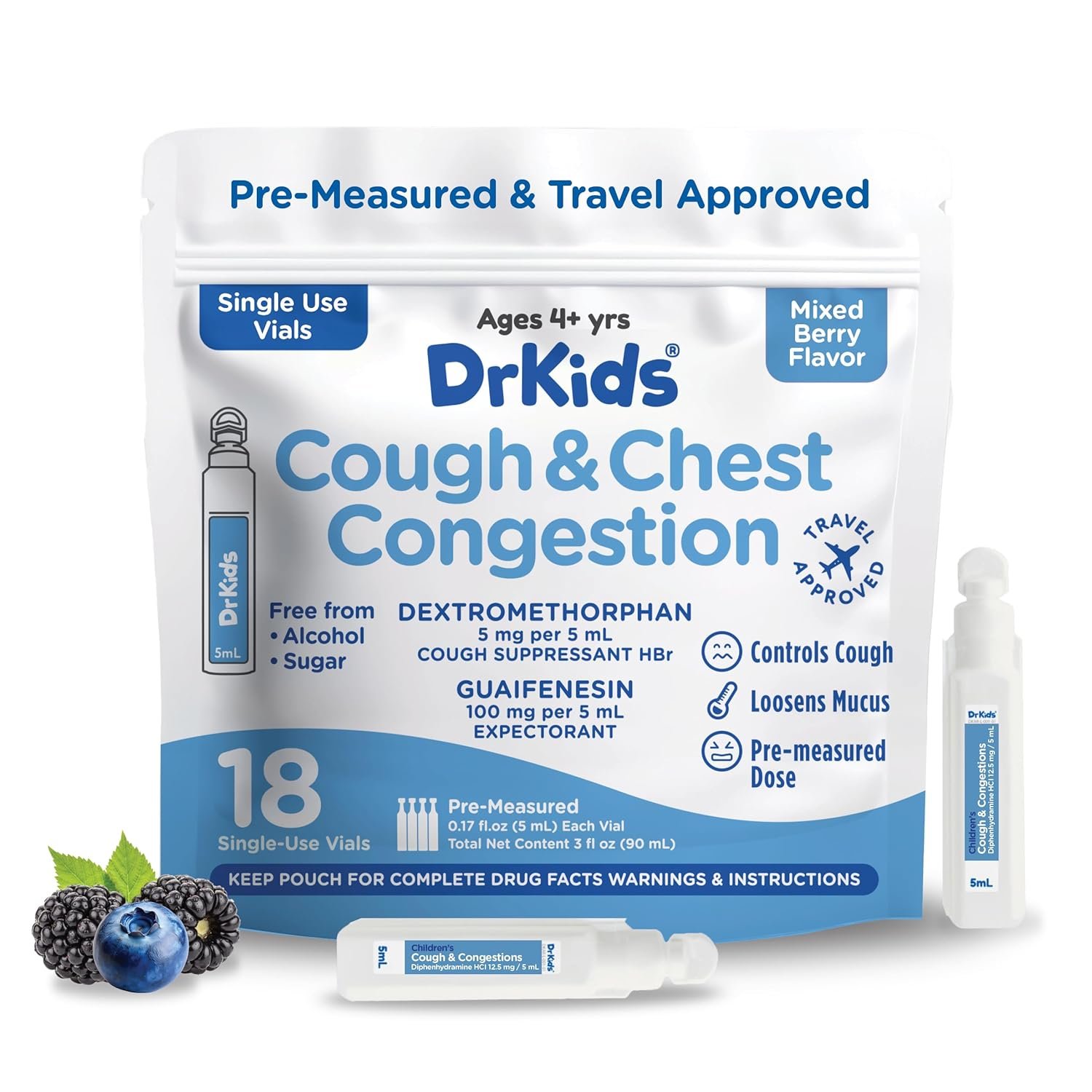 Dr. Kids Children’s Cough & Chest Congestion – Non-Drowsy Decongestant for Kids, Cough and Mucus Relief, Pre-Measured Single-Use Vials, Kids Cough Medicine, Mixed Berry Flavor, 18 Count