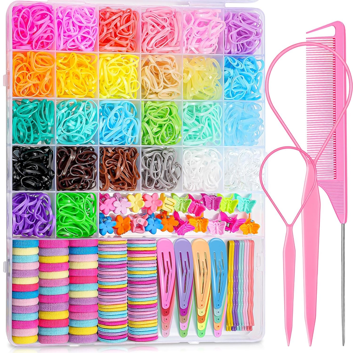 TsMADDTs Elastic Hair Ties, Colorful Hair Accessories for Baby Toddlers Kids Girls, 26 Colors Small Rubber Bands Set with Ties and Clips, Styling Tools