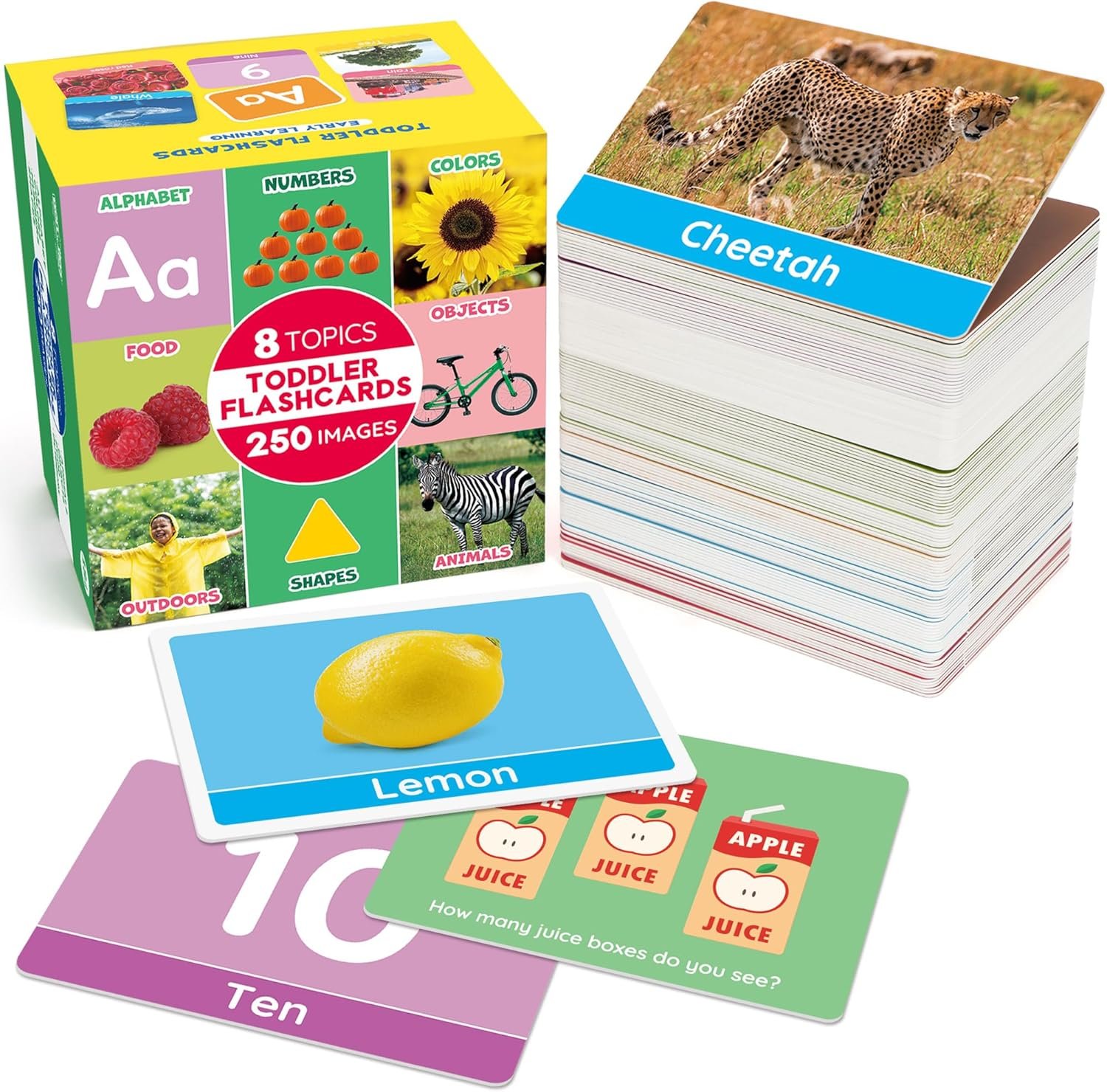 BenBen Flash Cards for Toddlers, Extra Thick, 250 Images, Double-Sided Educational Flashcards, Alphabet, Number, Animal, Shape, Color, Preschool Learning Activities, Gift for Kids 1 2 3 4 Years
