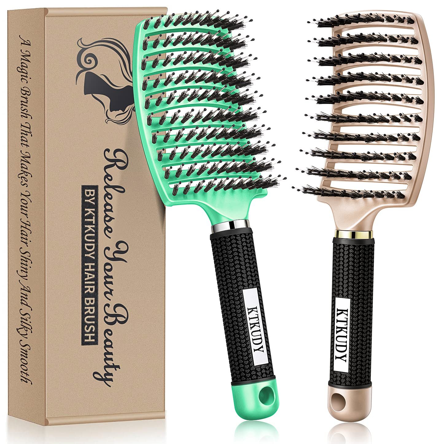 KTKUDY Detangling Brush Getting Knots Out without Pain – Boar Bristles HairBrush Make Hair Shiny & Healthier Vented Detangler Brush for Women Men Kids Wet and Dry Hair (Gold & Green)