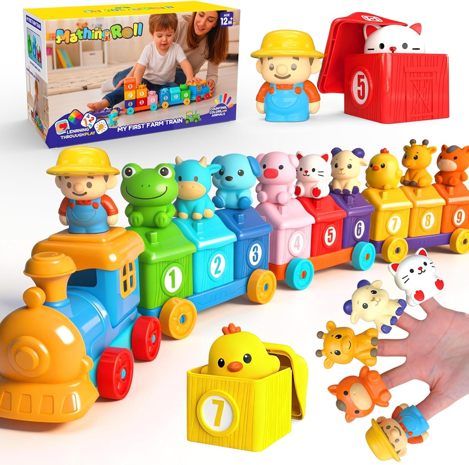 Toddler Learning Toys for 2 3 Year Old-Counting Matching & Sorting Activity Montessori Train Toys with Farm Animals Finger Puppets Birthday Gift for Baby Boys Girls