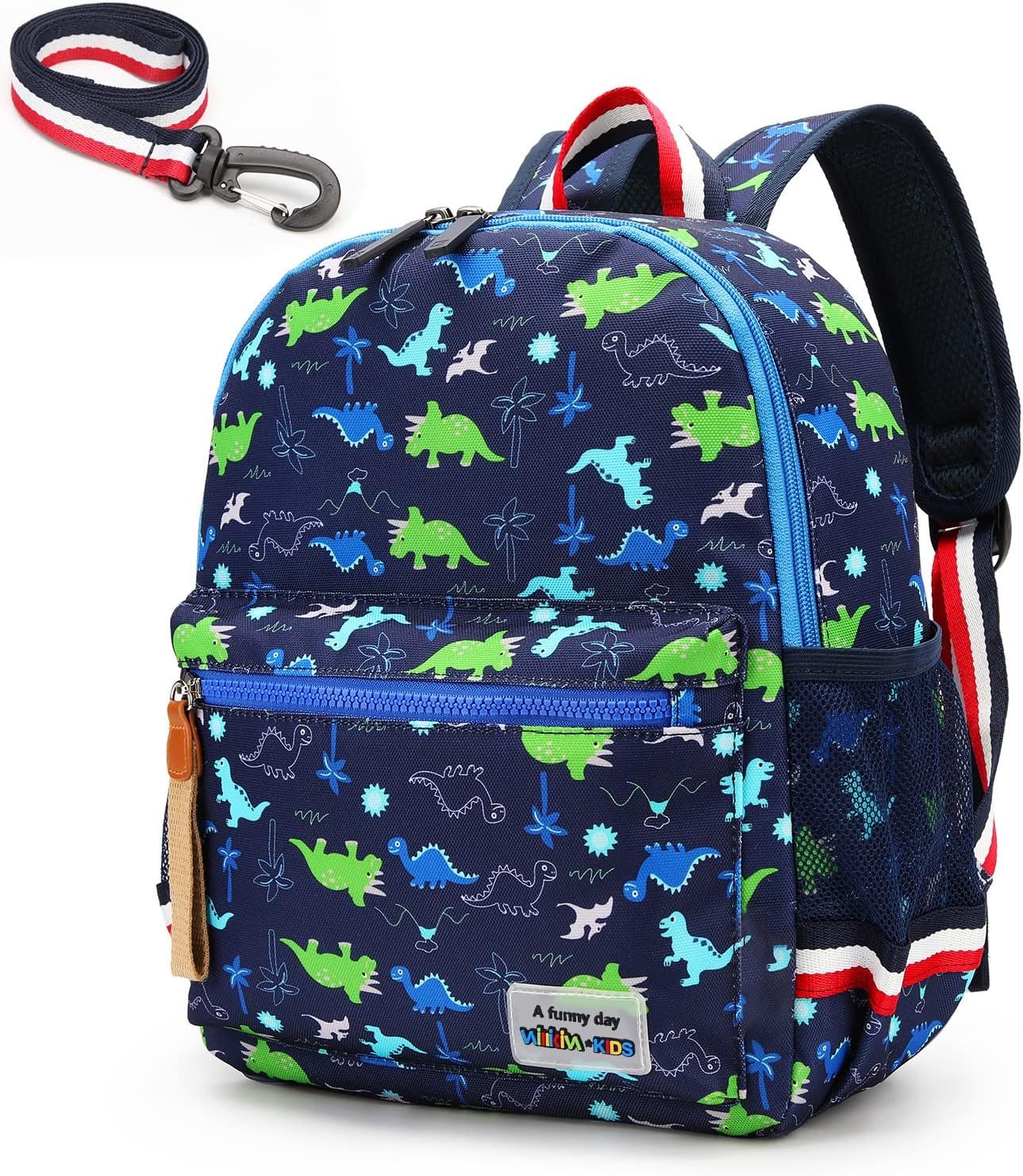 willikiva Cartoon Bus 12 Kindergarten Backpack for Kids Girls and Boys,Waterproof Preschool Toddler Backpack Wiht Leash and Safety Harness (Green Dinosaur)