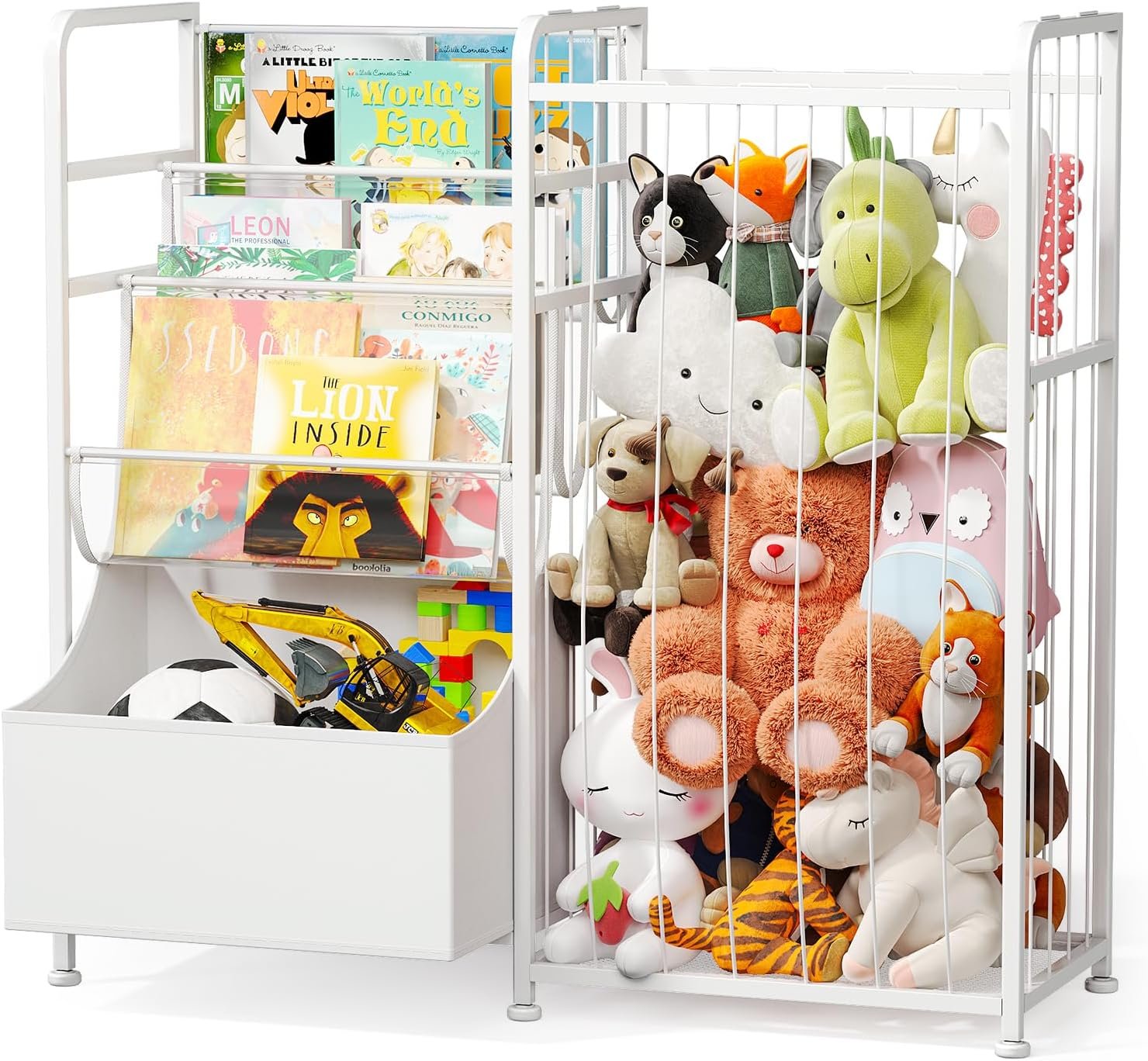 BBLIKE Kids Bookshelf and Stuffed Animal Storage – Multi-Function Nursery Book Shelves with Leather Toy Box and PVC Book Display, Toy Organizer for Playroom, Bedroom, Nursery, White