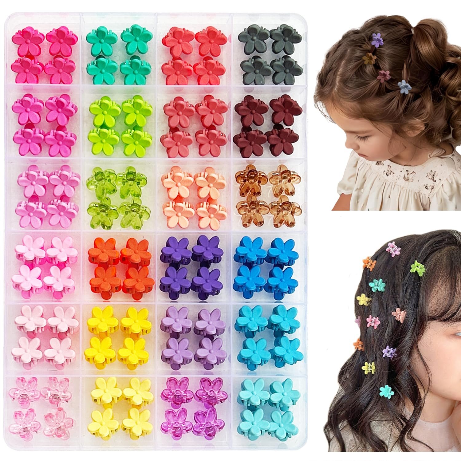EleMirsa 96pcs Baby Girl Hair Clips – 24 Multicolors Mini Flower Claw Clips in Organizer Box